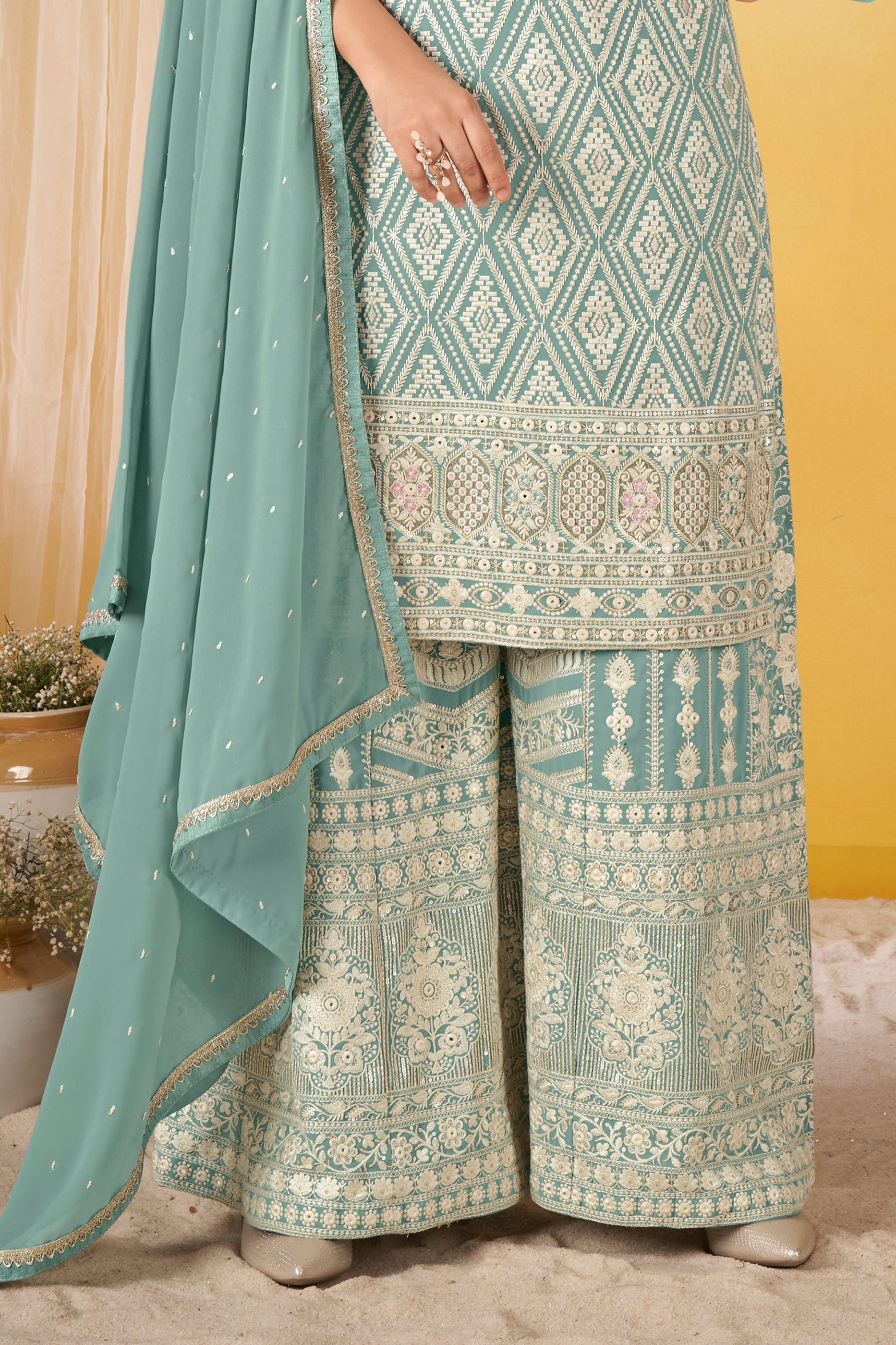 Grey Readymade Embroidered Georgette Palazzo Suit-SAR11569_4_SareeButa.com
