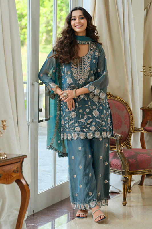 Grey Readymade Embroidered Moss Silk Suit-SAR12174_1_SareeButa.com