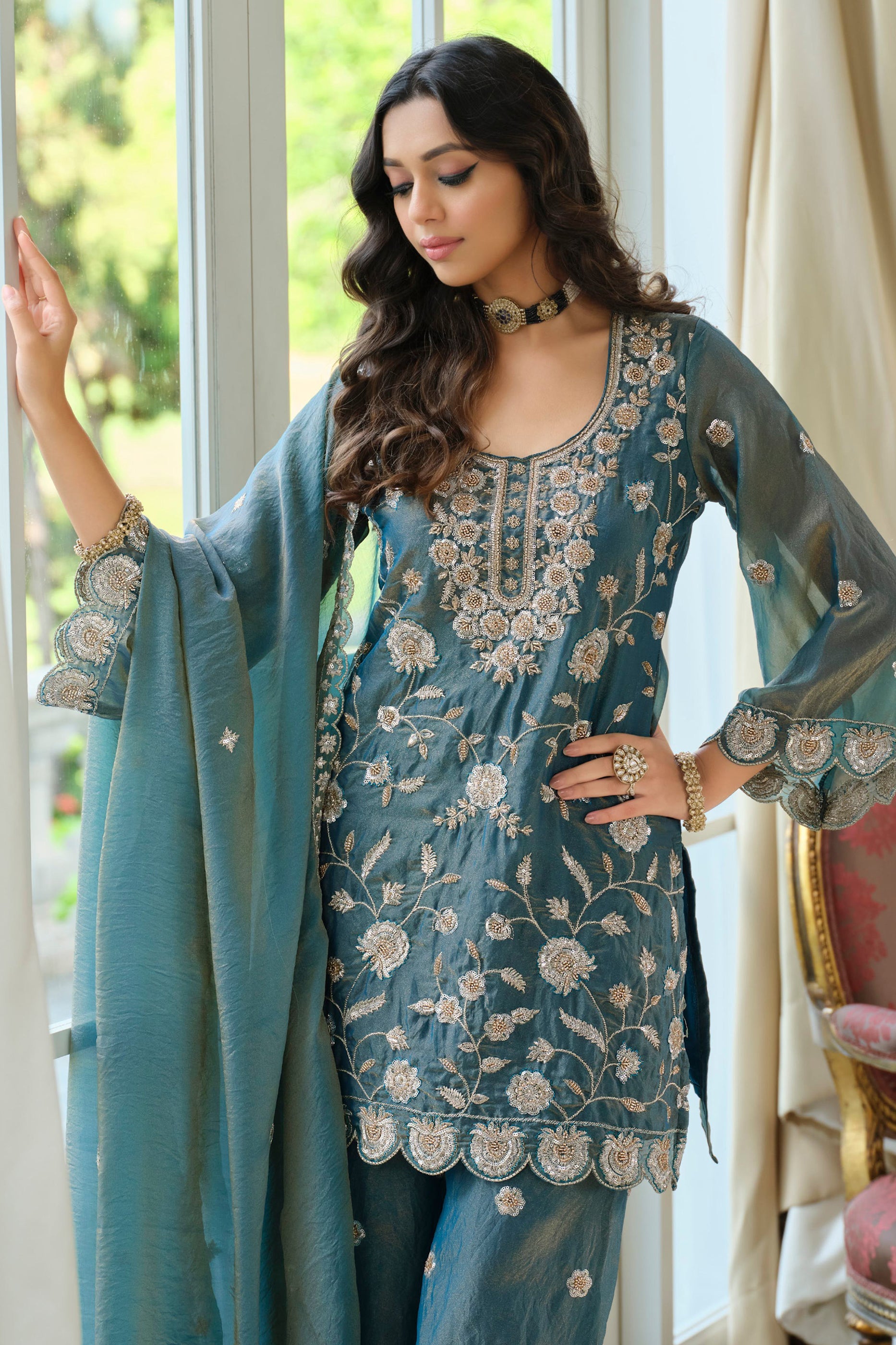 Grey Readymade Embroidered Moss Silk Suit-SAR12174_2_SareeButa.com
