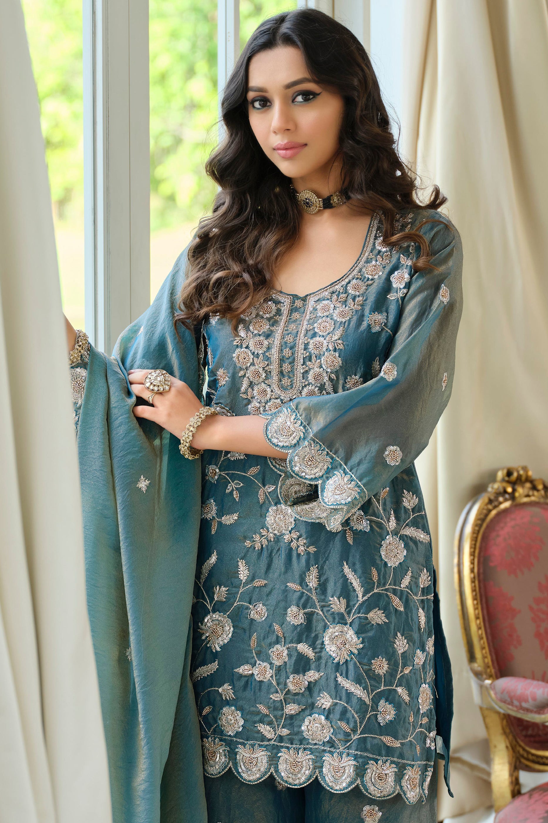 Grey Readymade Embroidered Moss Silk Suit-SAR12174_3_SareeButa.com