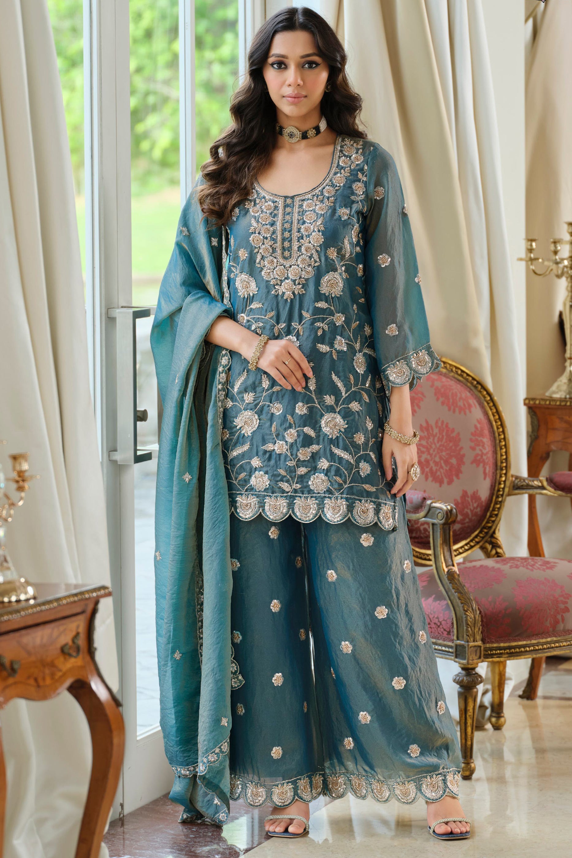 Grey Readymade Embroidered Moss Silk Suit-SAR12174_4_SareeButa.com