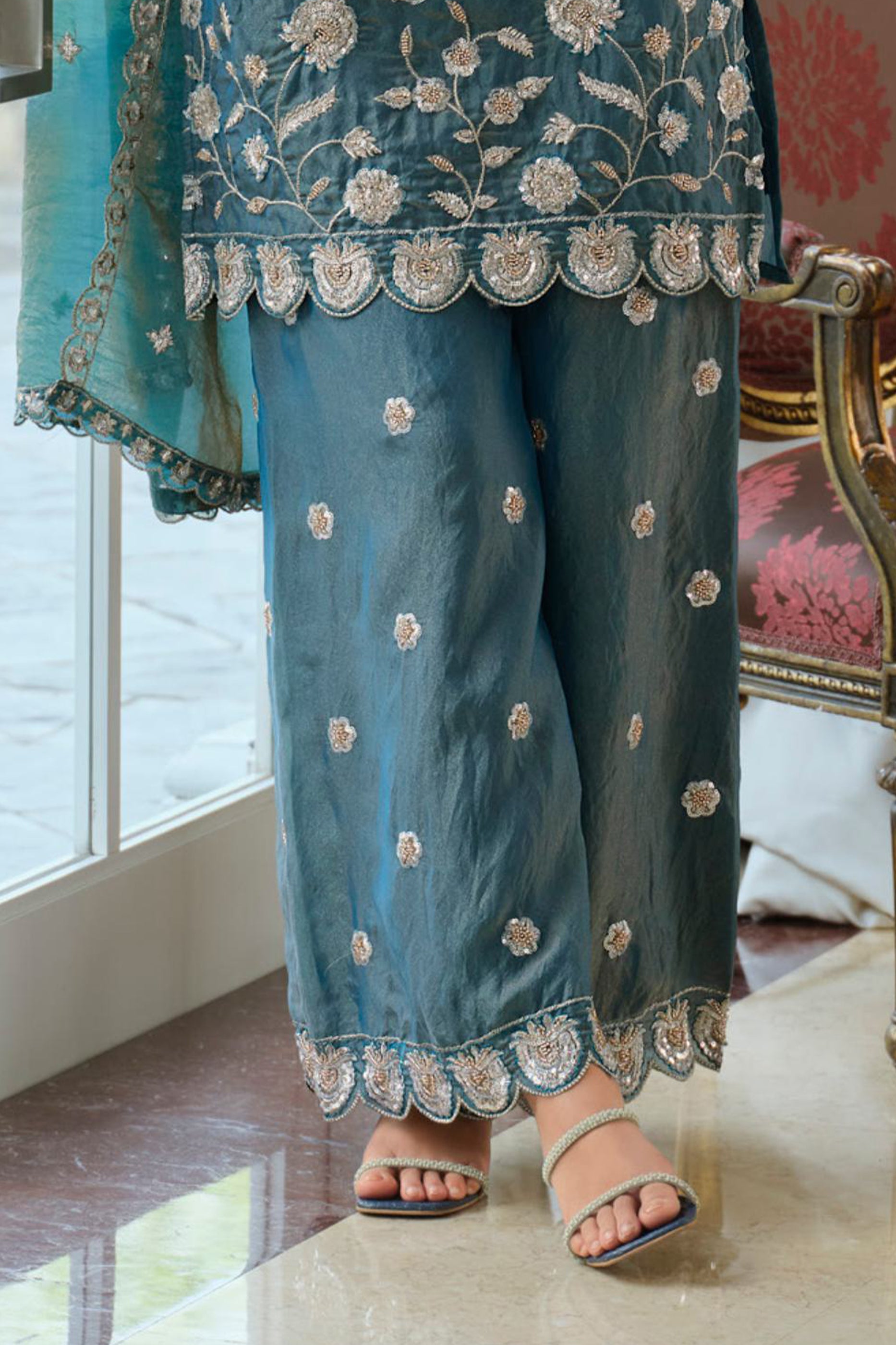 Grey Readymade Embroidered Moss Silk Suit-SAR12174_5_SareeButa.com