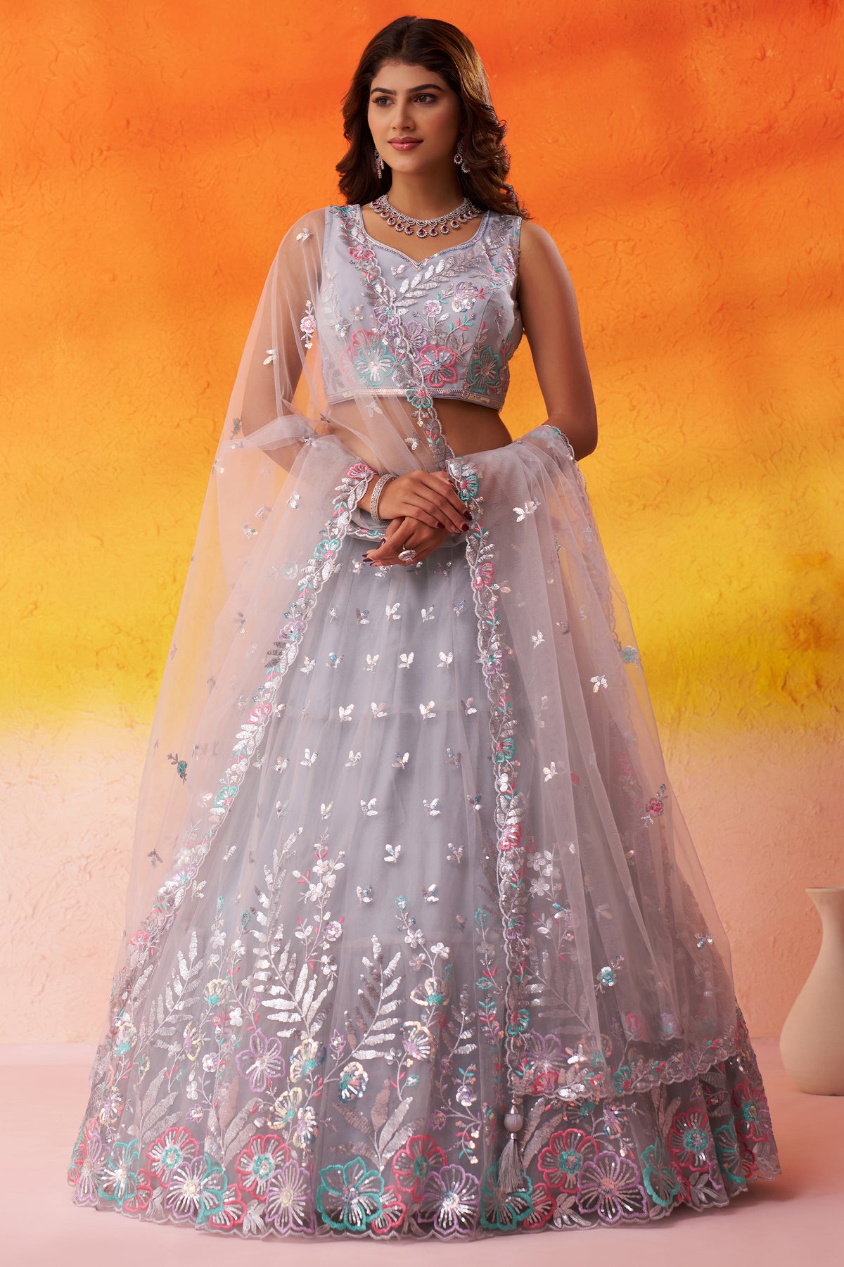 Grey Readymade Embroidered Net Lehenga-SAR12896_1_SareeButa.com