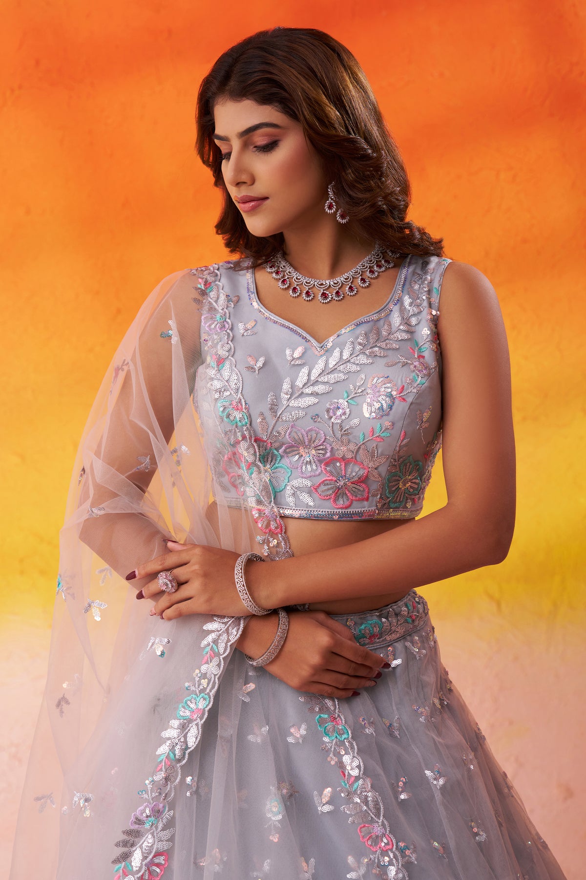 Grey Readymade Embroidered Net Lehenga-SAR12896_2_SareeButa.com