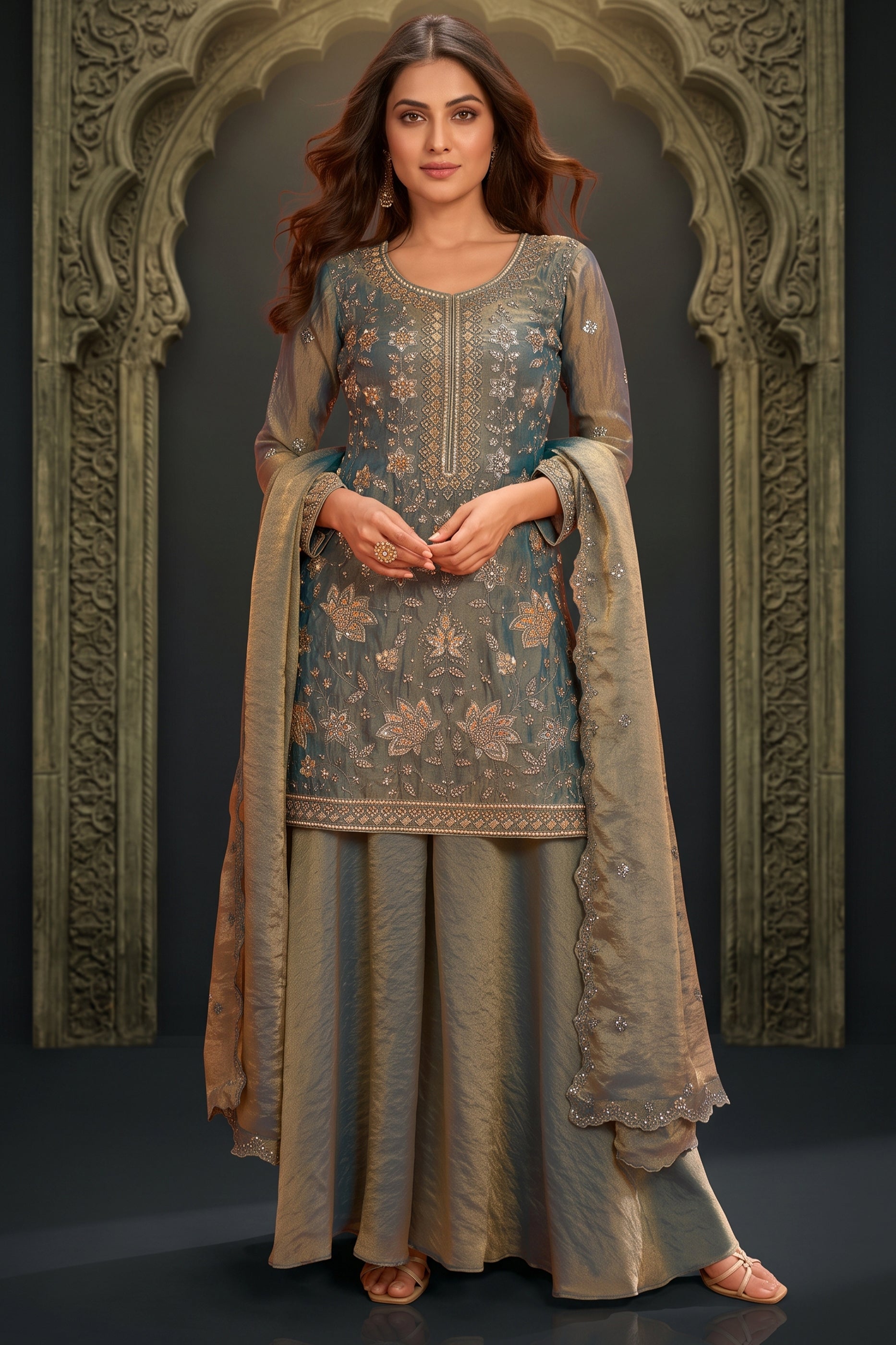 Grey Readymade Embroidered Palazzo Suit-SAR13135_1_SareeButa.com
