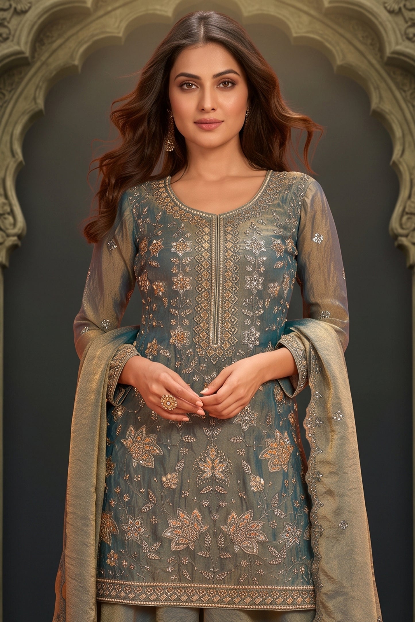 Grey Readymade Embroidered Palazzo Suit-SAR13135_2_SareeButa.com