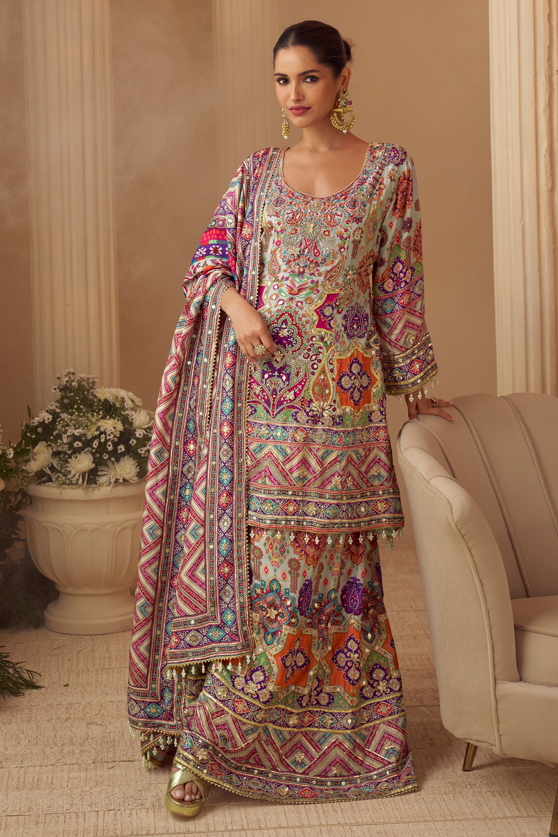 Grey Readymade Embroidered Satin Crepe A-Line Suit-SAR11546_1_SareeButa.com