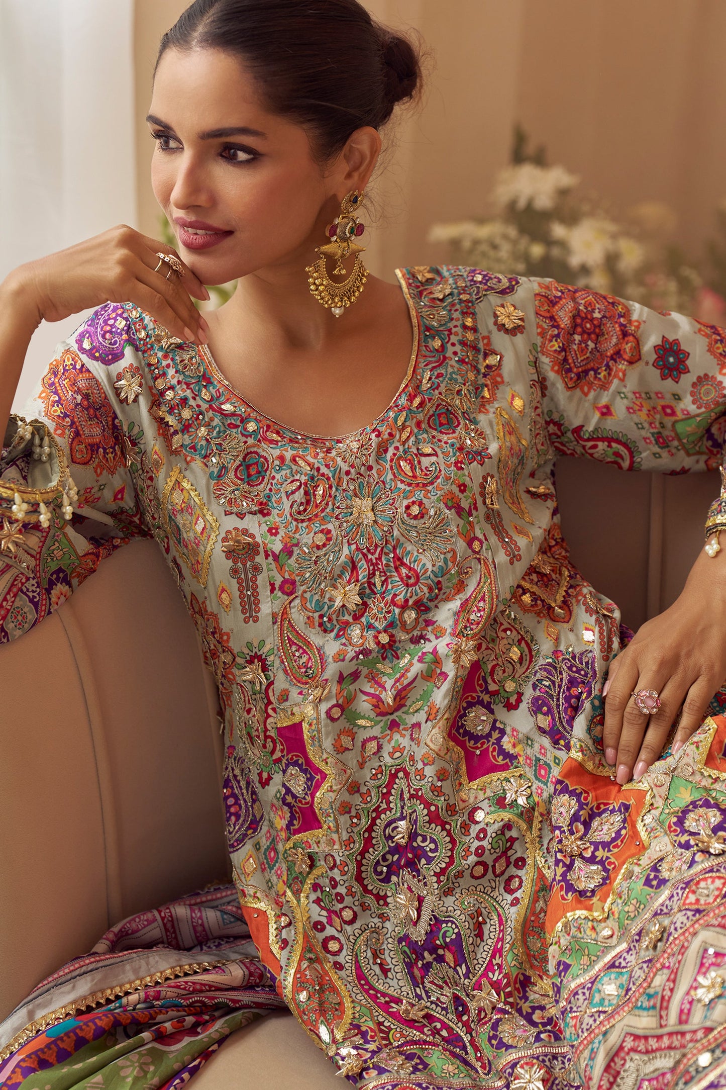 Grey Readymade Embroidered Satin Crepe A-Line Suit-SAR11546_2_SareeButa.com