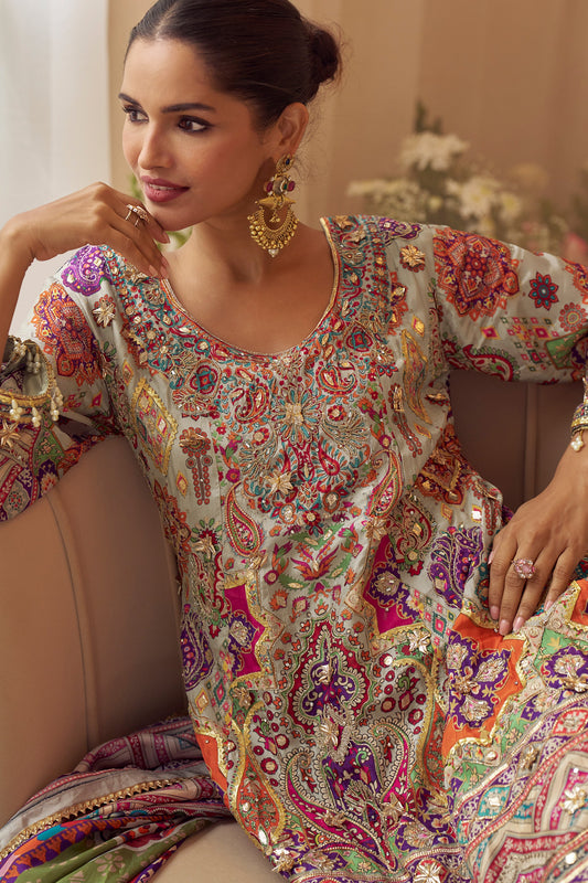 Grey Readymade Embroidered Satin Crepe A-Line Suit-SAR11546_2_SareeButa.com