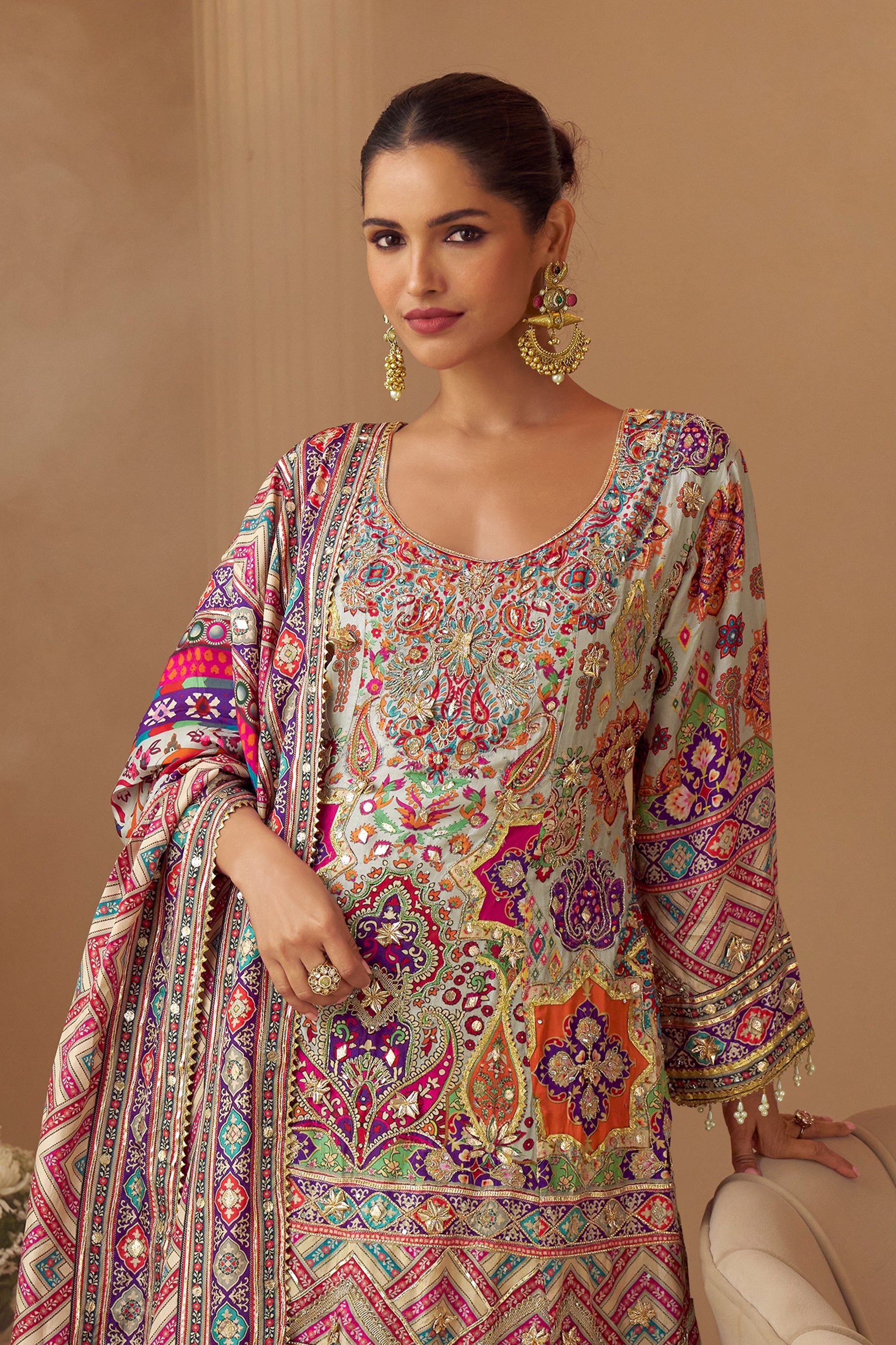 Grey Readymade Embroidered Satin Crepe A-Line Suit-SAR11546_4_SareeButa.com