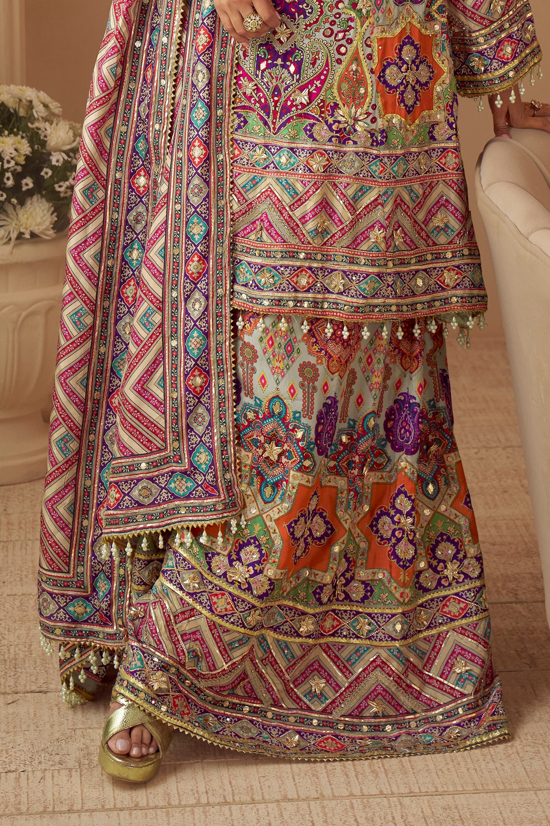 Grey Readymade Embroidered Satin Crepe A-Line Suit-SAR11546_5_SareeButa.com