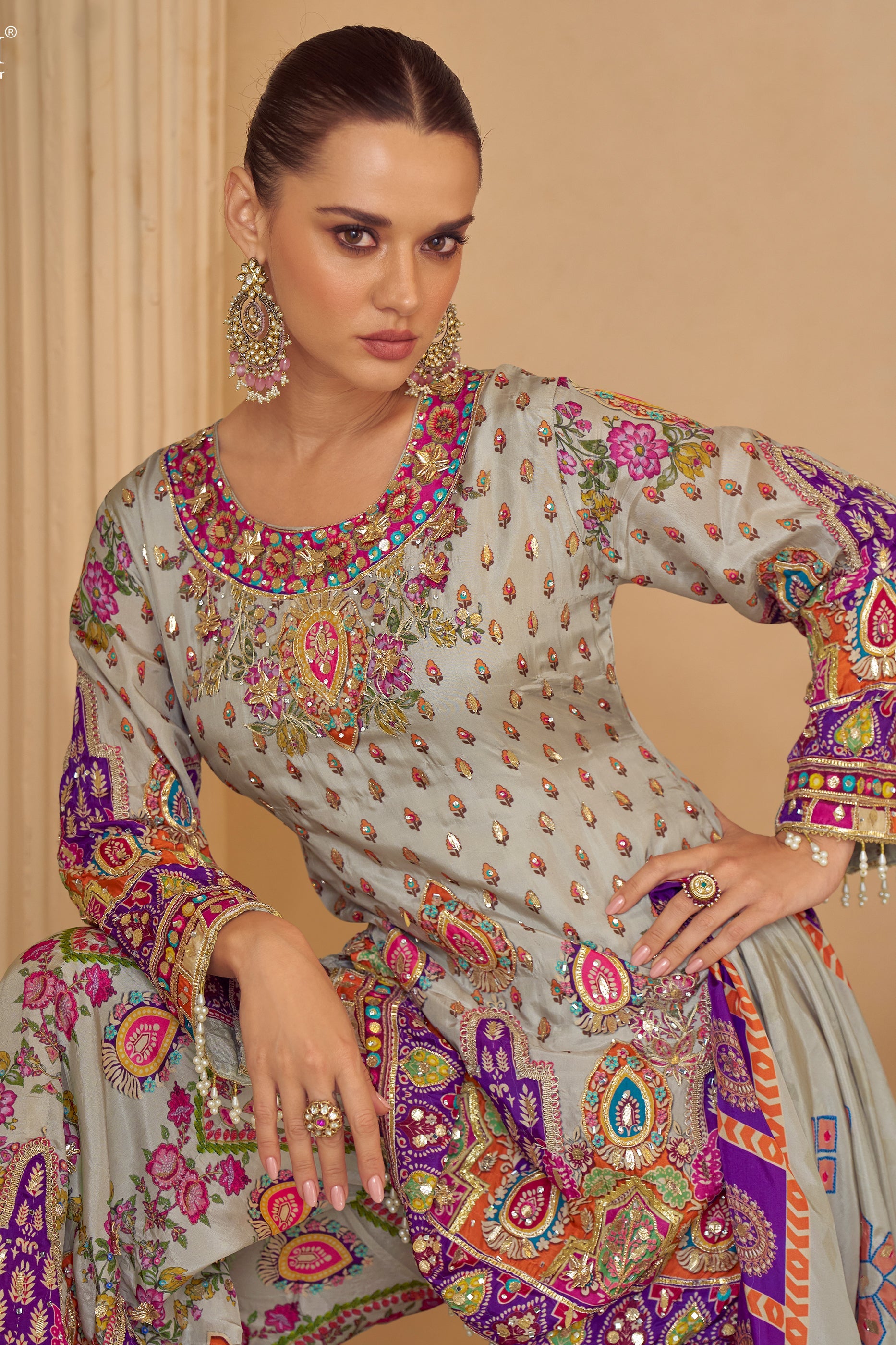 Grey Readymade Embroidered Satin Crepe Palazzo Suit-SAR11547_3_SareeButa.com