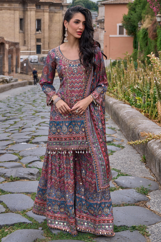Grey Readymade Embroidered Satin Crepe Palazzo Suit-SAR13236_1_SareeButa.com