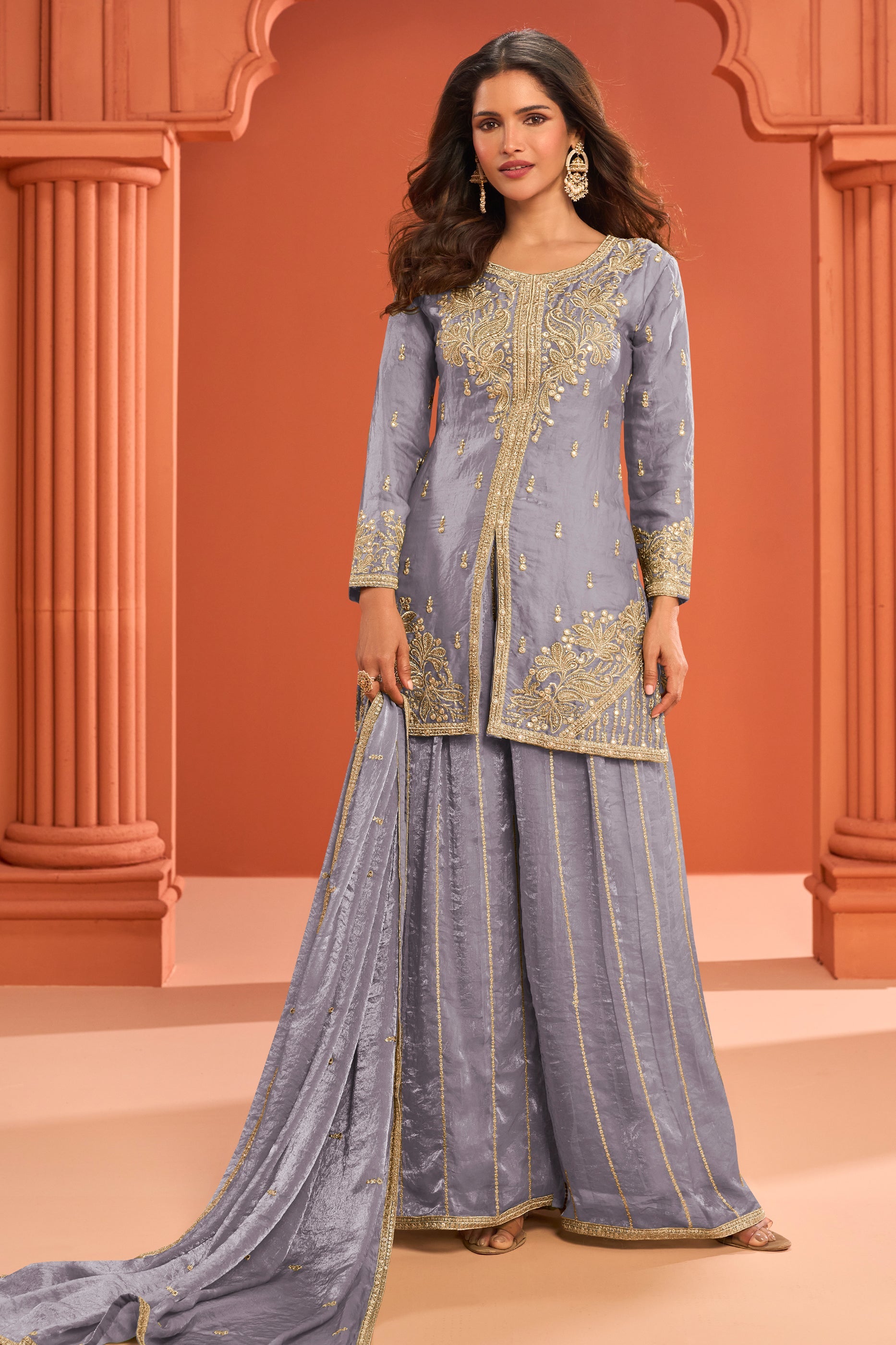 Grey Readymade Embroidered Silk Palazzo Suit-SAR11977_1_SareeButa.com