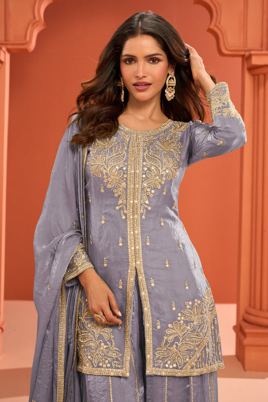 Grey Readymade Embroidered Silk Palazzo Suit-SAR11977_2_SareeButa.com