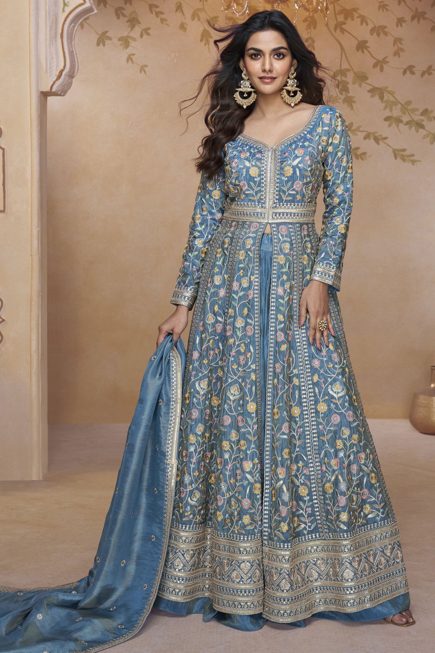 Grey Readymade Embroidered Silk Skirt Suit-SS832_1_SareeButa.com