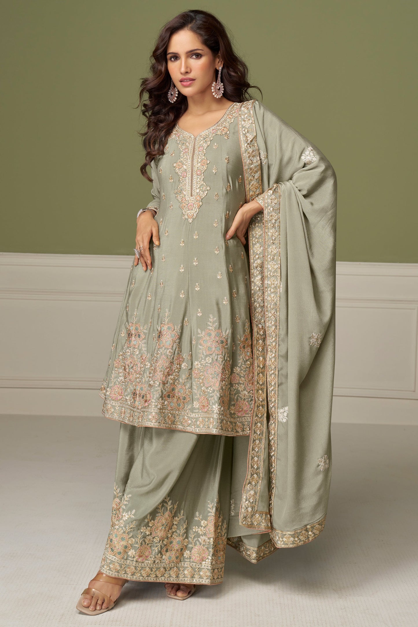 Grey Readymade Heavy Work Chinon A-line Suit-SS884_1_SareeButa.com