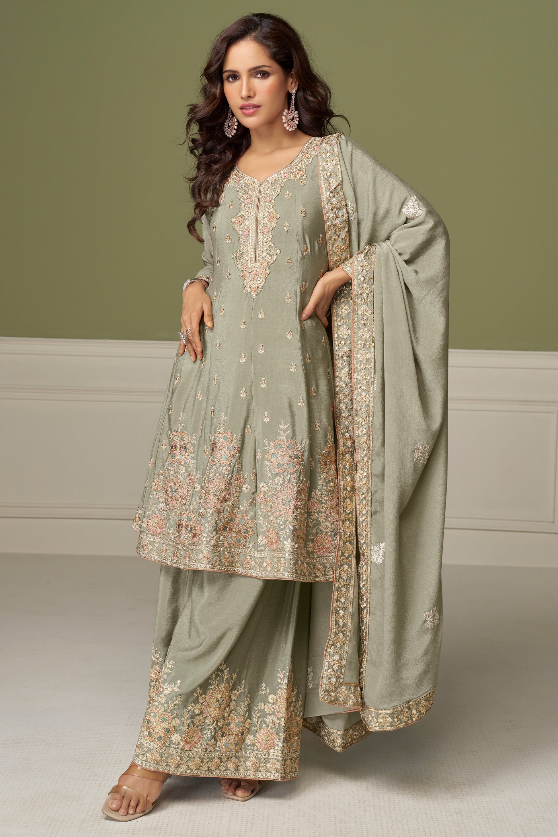 Grey Readymade Heavy Work Chinon A-line Suit-SS884_1_SareeButa.com