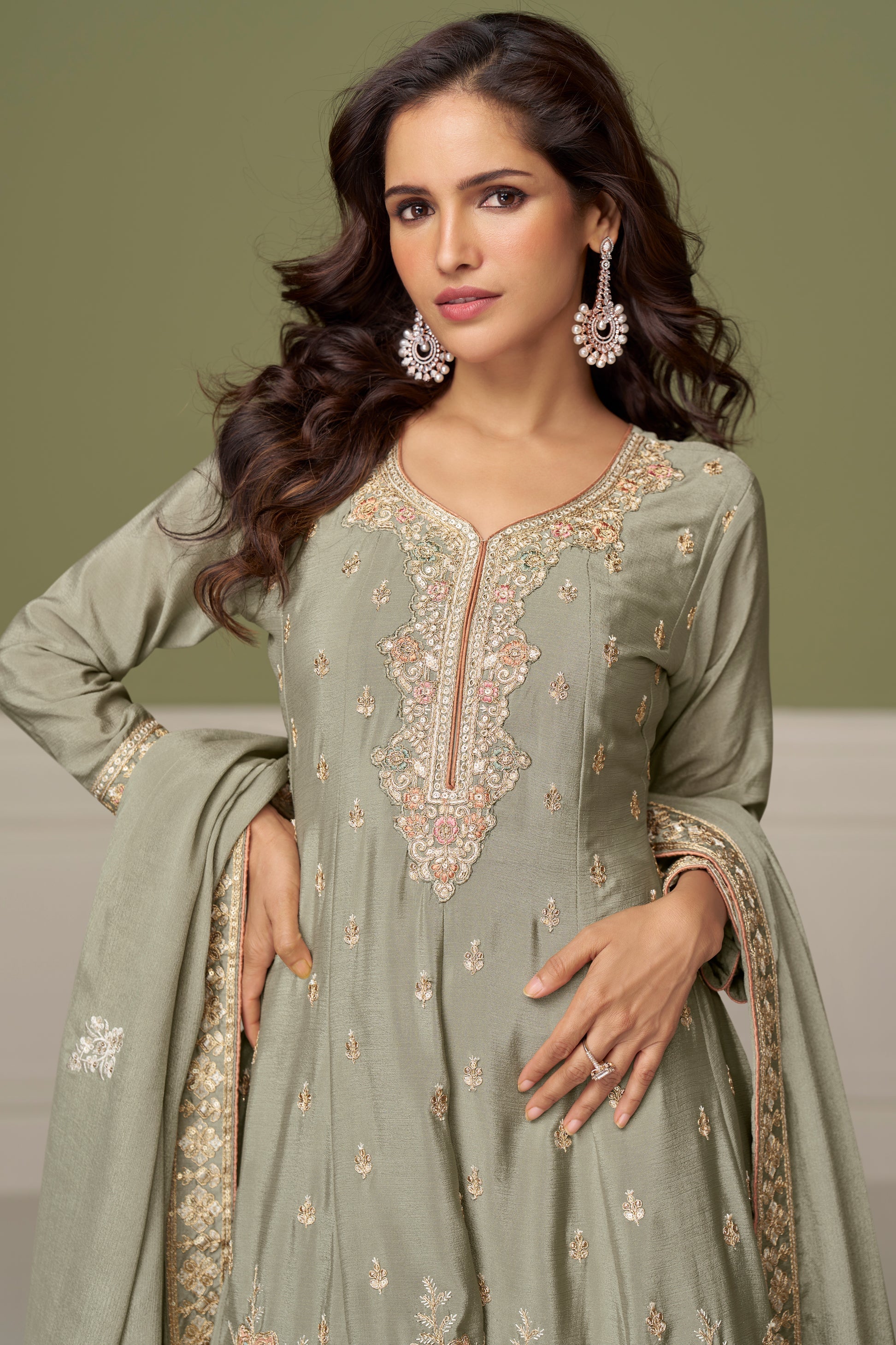 Grey Readymade Heavy Work Chinon A-line Suit-SS884_2_SareeButa.com