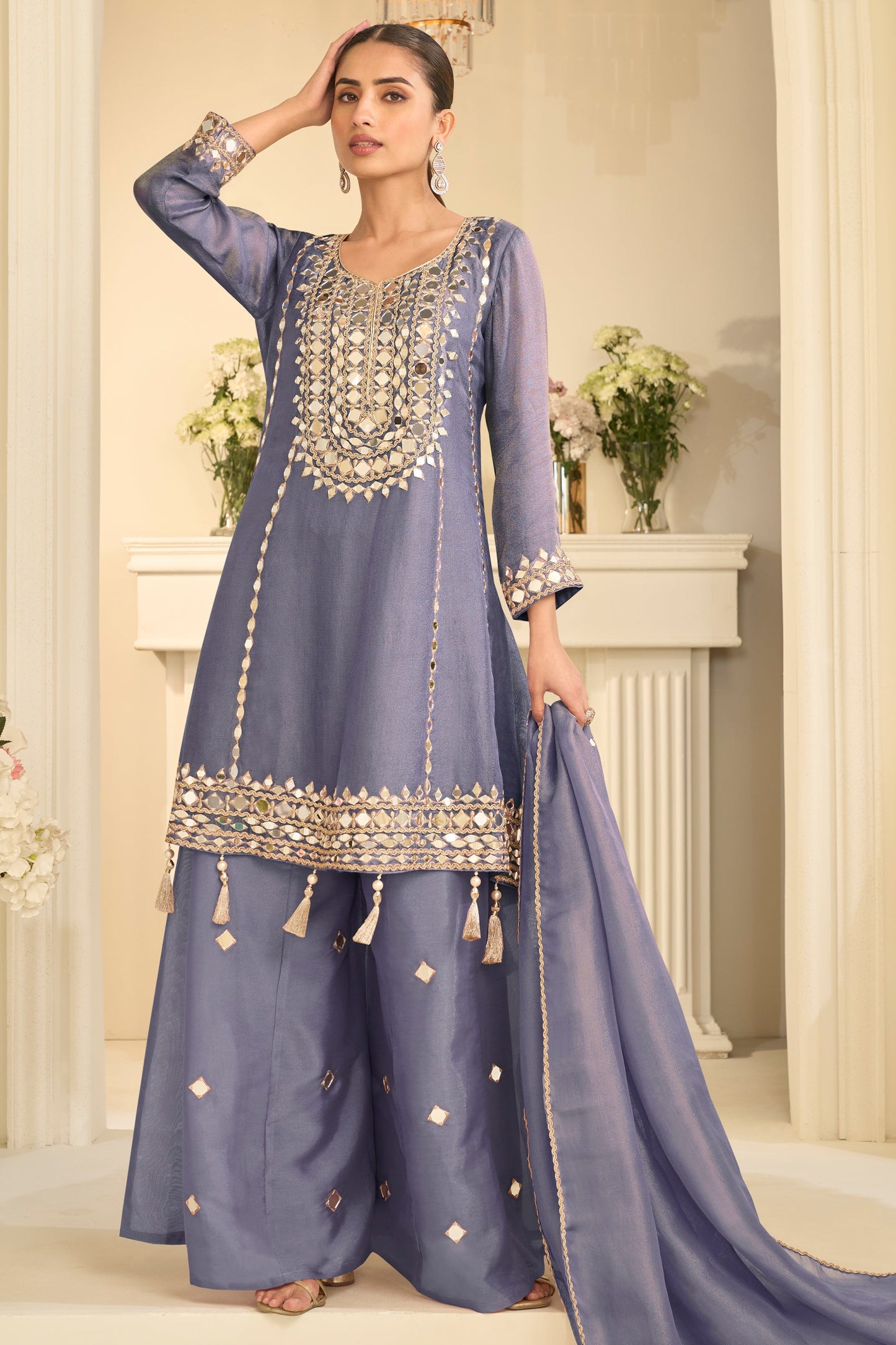Grey Readymade Mirror Work Silk A-line Suit-SAR12158_1_SareeButa.com