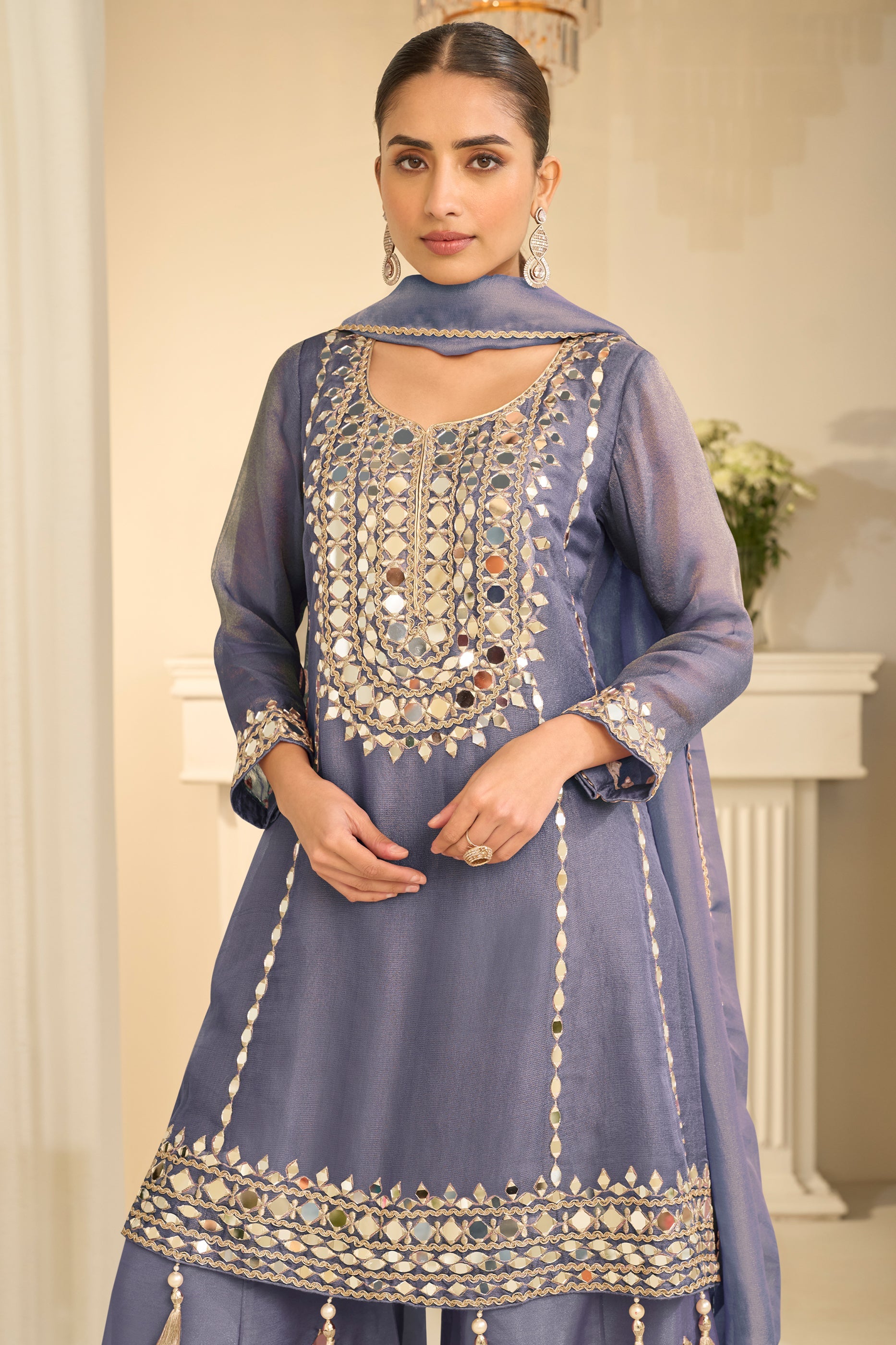 Grey Readymade Mirror Work Silk A-line Suit-SAR12158_2_SareeButa.com