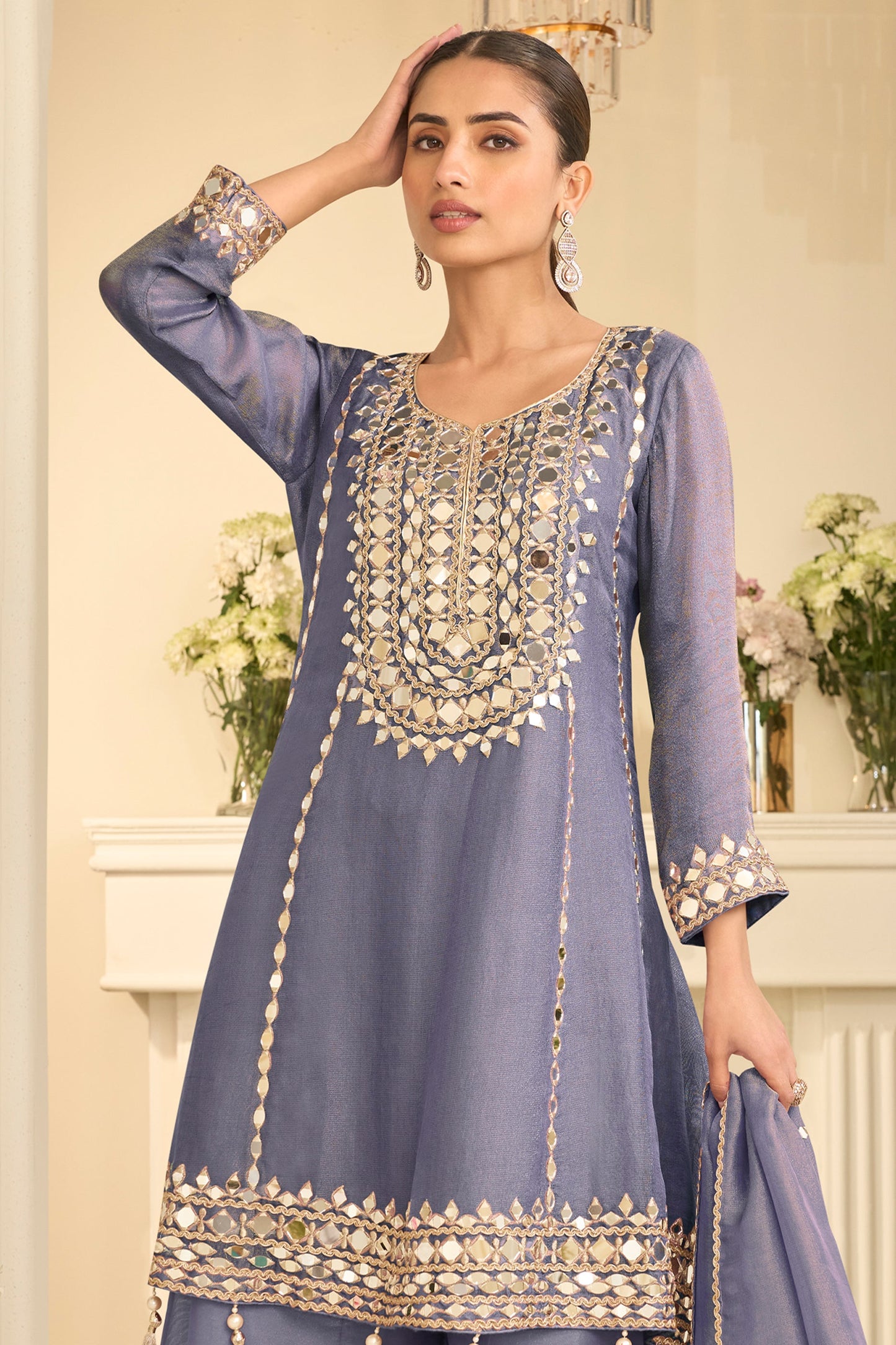 Grey Readymade Mirror Work Silk A-line Suit-SAR12158_3_SareeButa.com