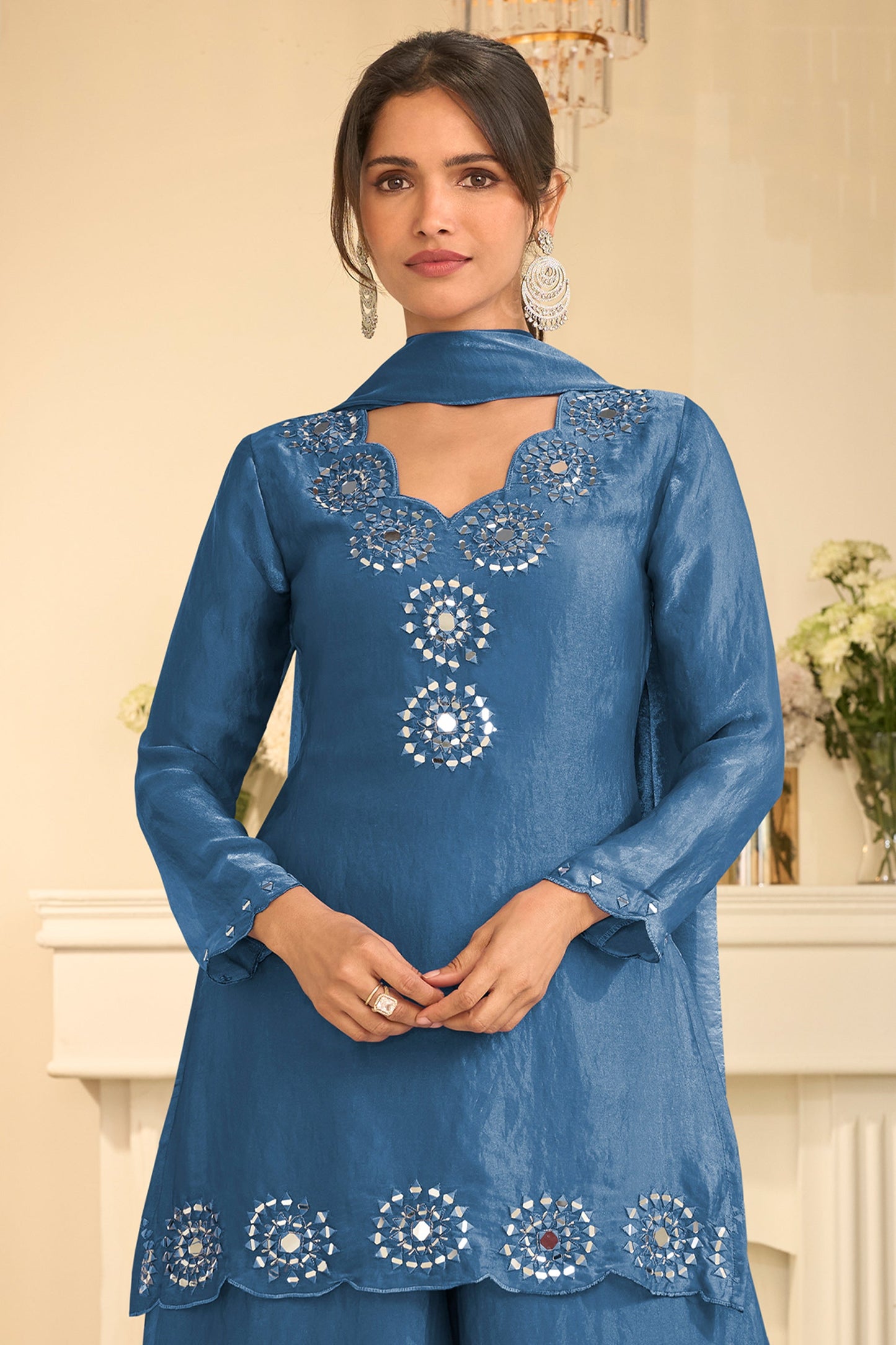 Grey Readymade Mirror Work Silk A-line Suit-SAR12163_3_SareeButa.com