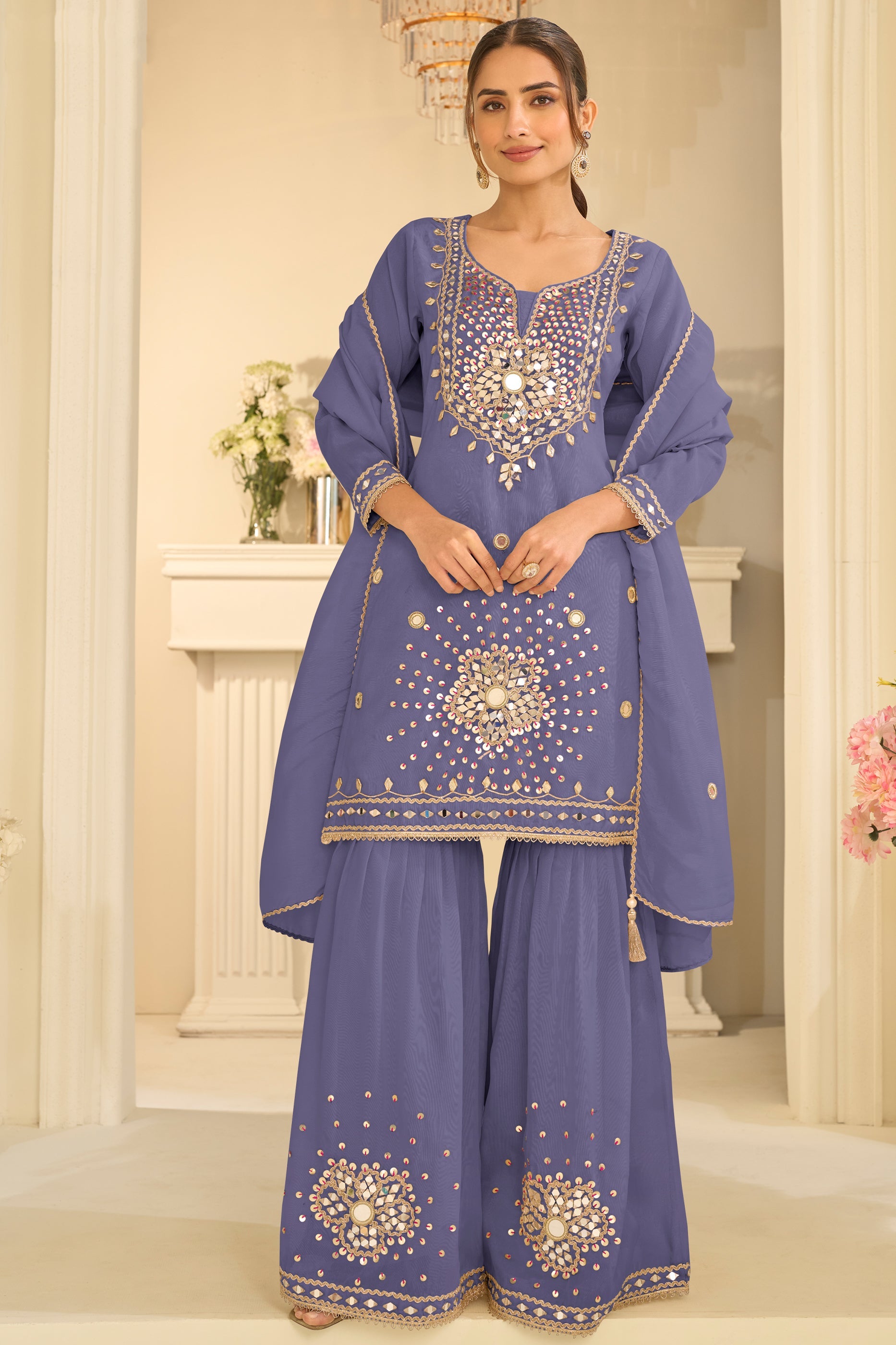 Grey Readymade Mirror Work Silk Sharara Suit-SAR12162_1_SareeButa.com