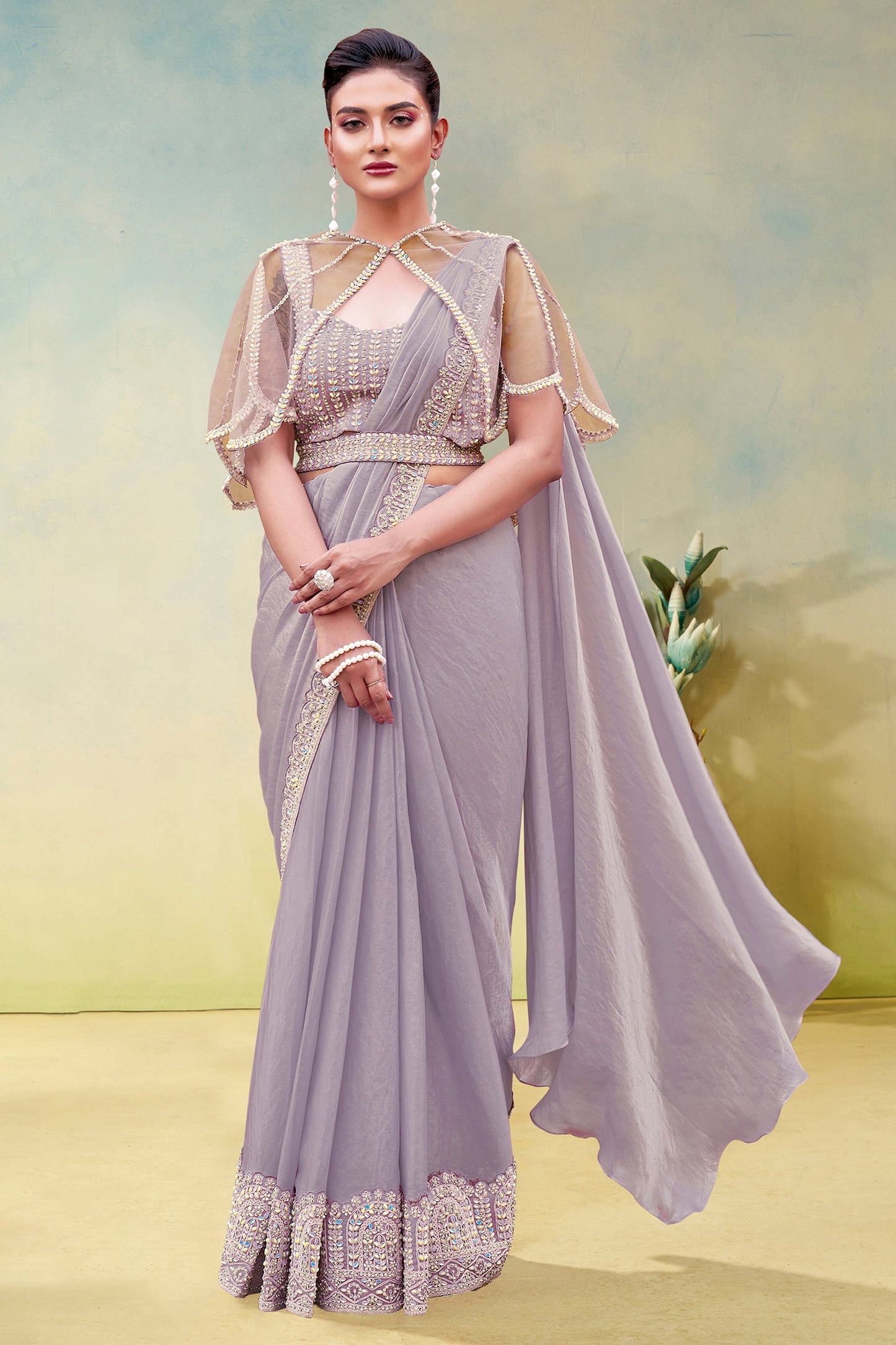 Grey Satin Silk Readymade Saree-SAR11155_1_SareeButa.com