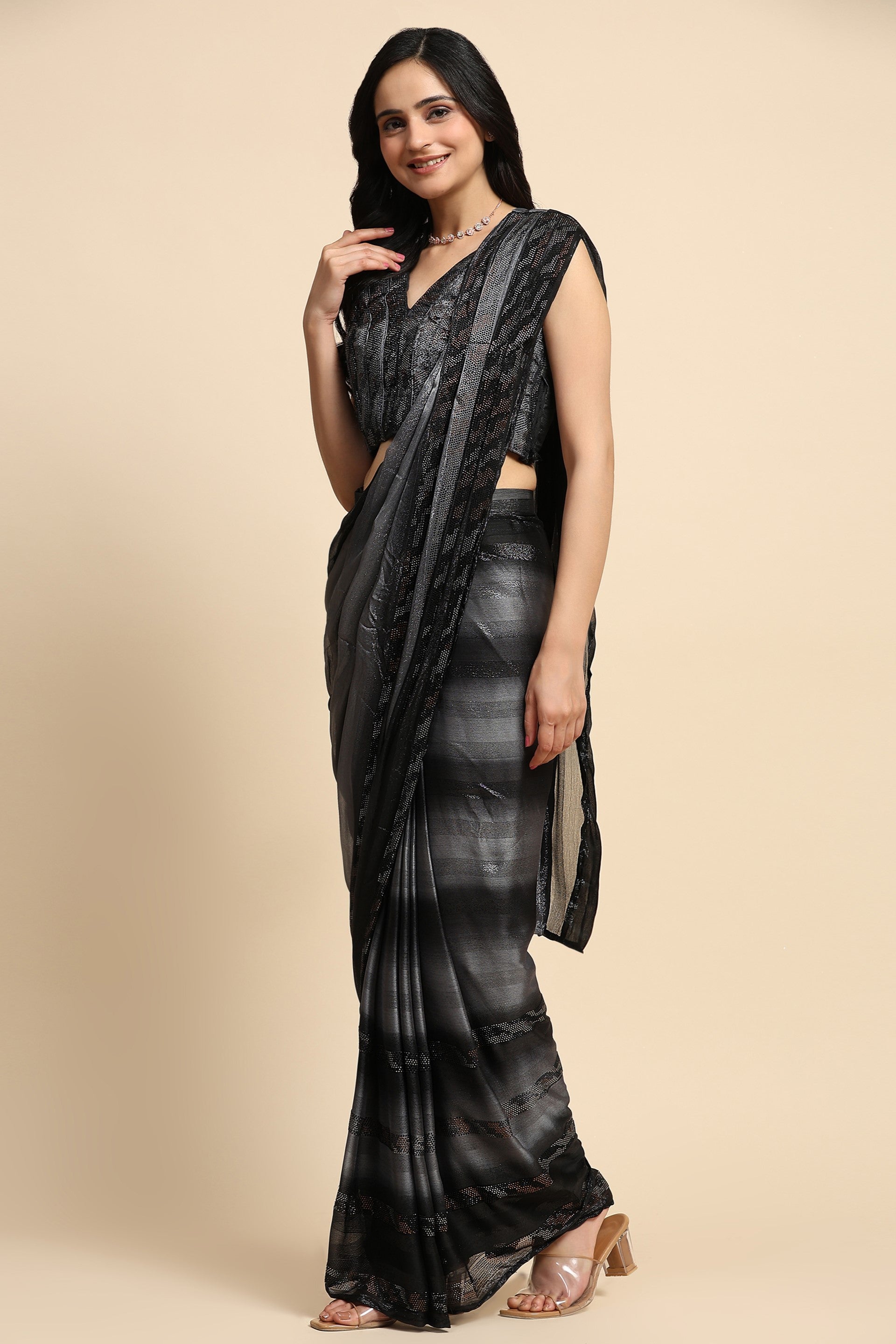 Grey Satin Silk Readymade Saree-ZB132040_2