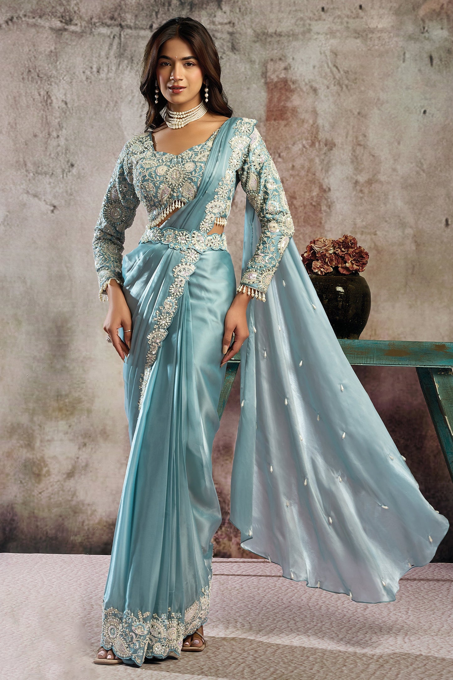 Grey Satin Silk Readymade Saree with Stitched Blouse-SAR12098_1_SareeButa.com
