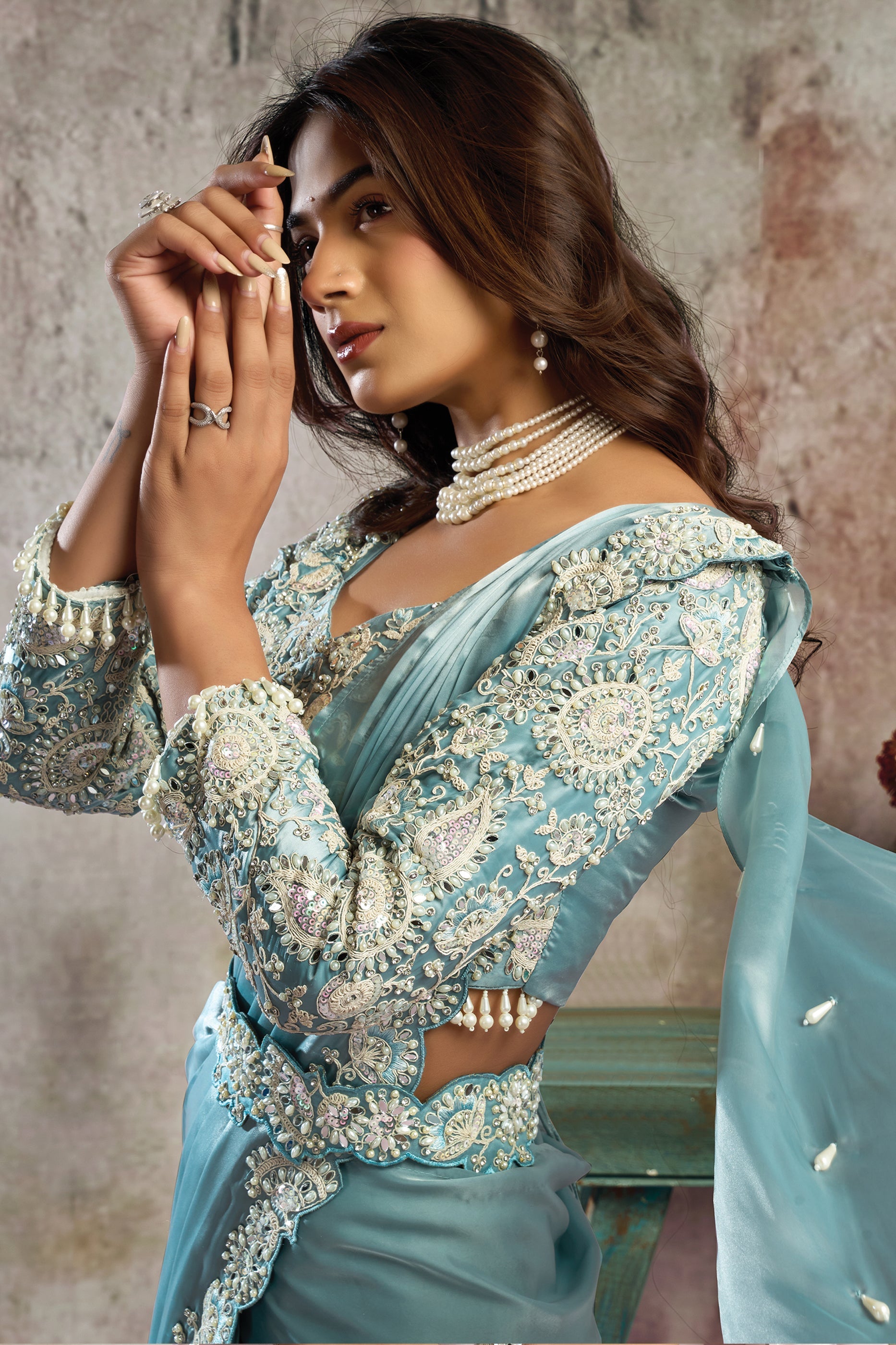 Grey Satin Silk Readymade Saree with Stitched Blouse-SAR12098_2_SareeButa.com