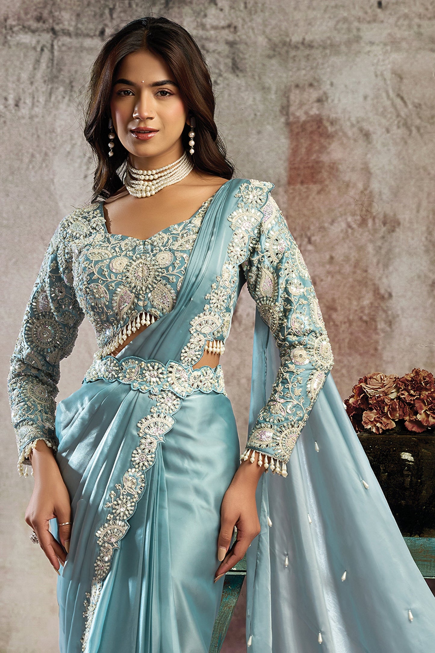 Grey Satin Silk Readymade Saree with Stitched Blouse-SAR12098_3_SareeButa.com