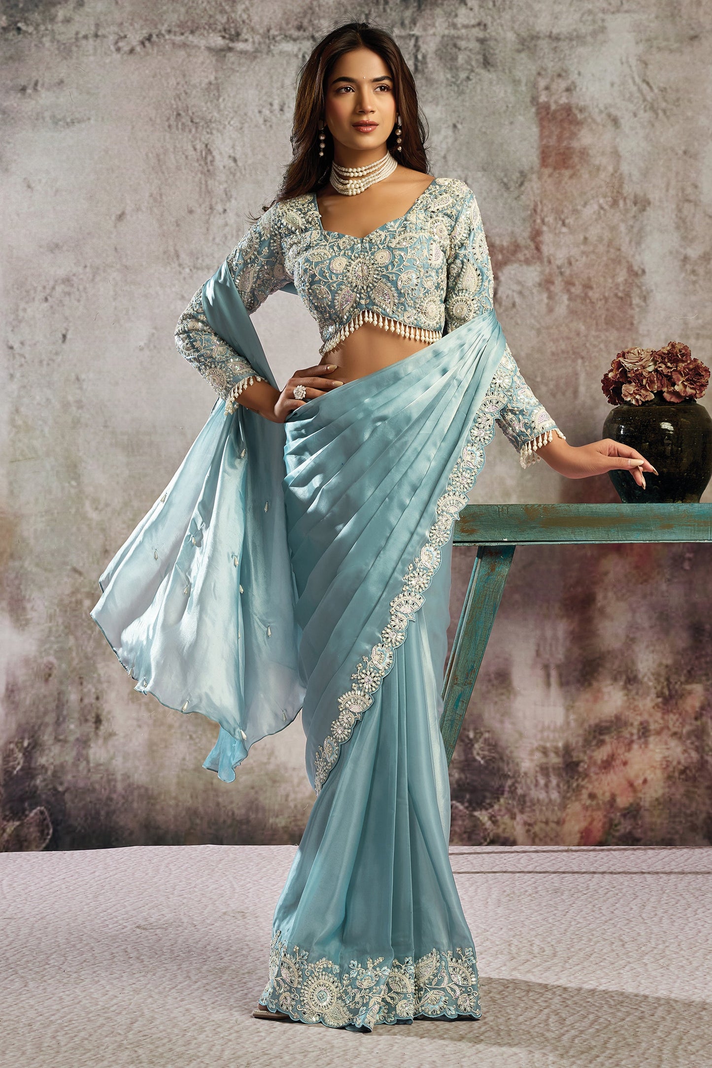 Grey Satin Silk Readymade Saree with Stitched Blouse-SAR12098_4_SareeButa.com