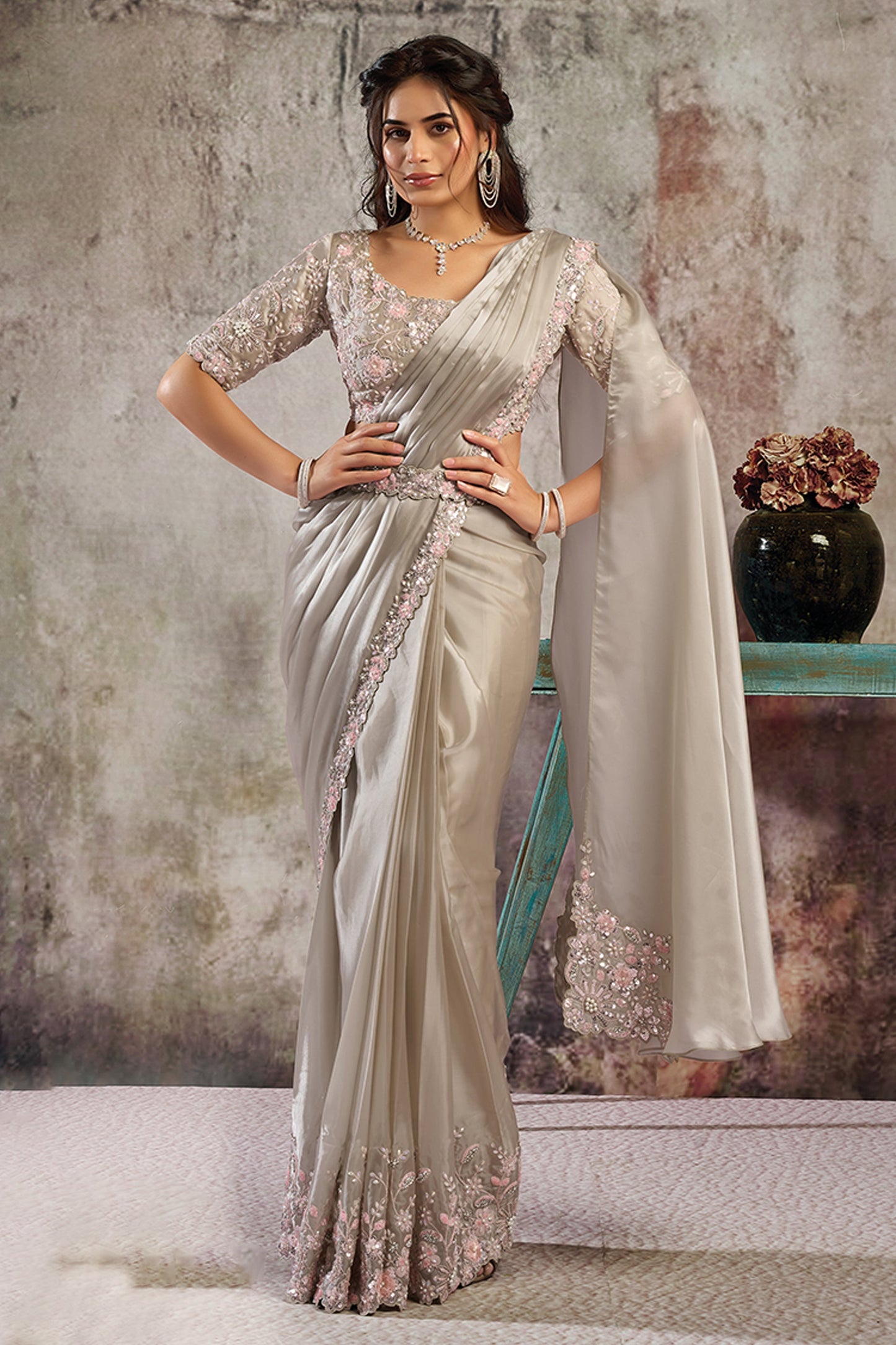 Grey Satin Silk Readymade Saree with Stitched Blouse-SAR12105_1_SareeButa.com