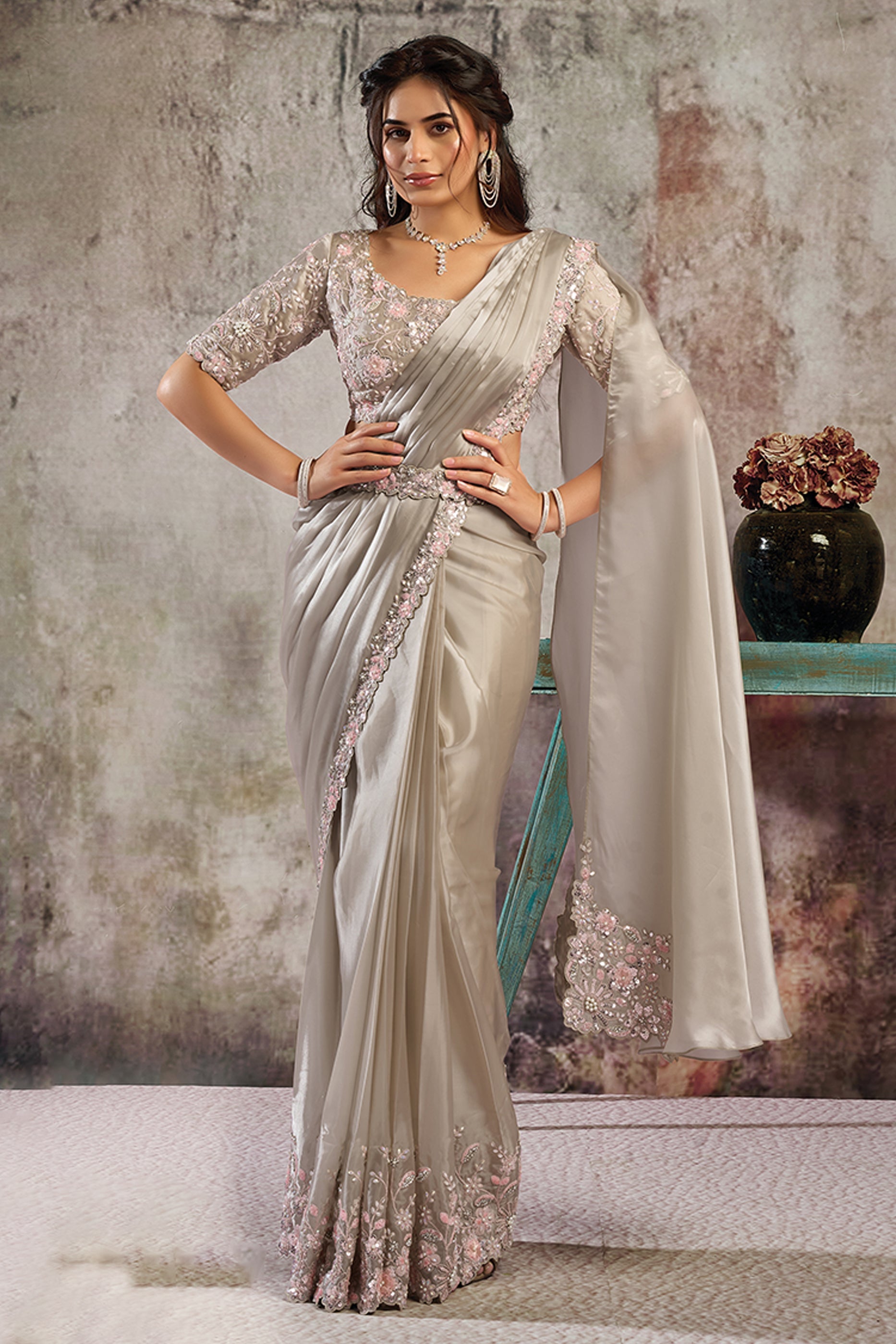 Grey Satin Silk Readymade Saree with Stitched Blouse-SAR12105_1_SareeButa.com