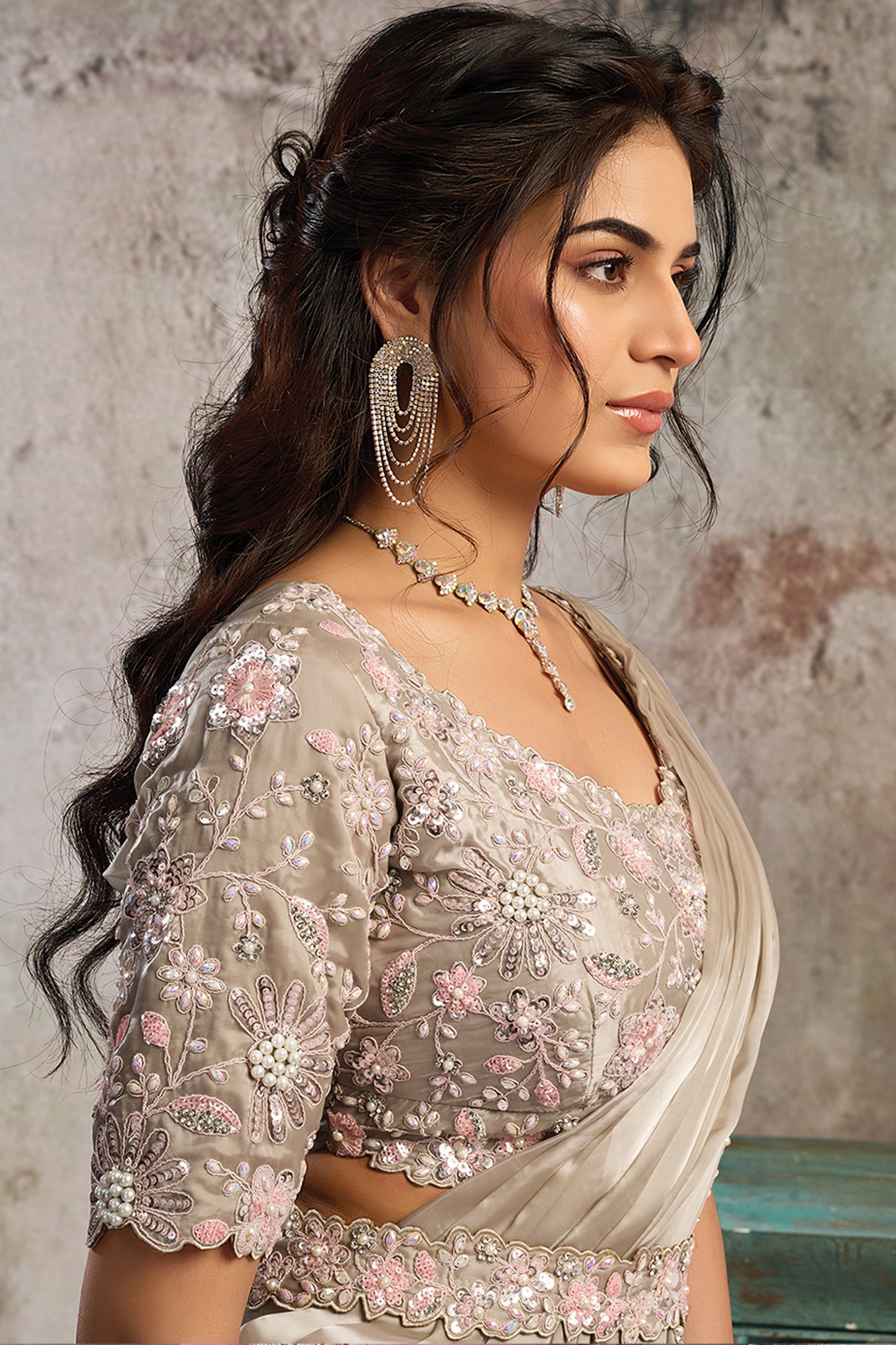 Grey Satin Silk Readymade Saree with Stitched Blouse-SAR12105_2_SareeButa.com