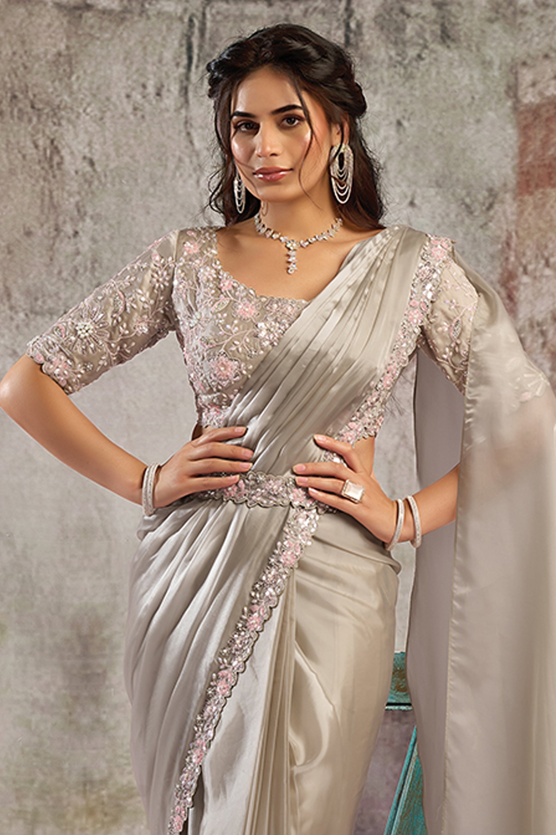 Grey Satin Silk Readymade Saree with Stitched Blouse-SAR12105_3_SareeButa.com