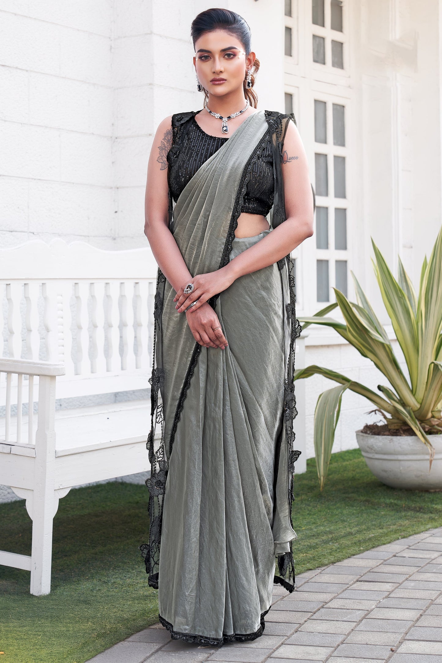 Grey Satin Silk Readymade Saree with Stitched Blouse-ZB133988_1_SareeButa.com