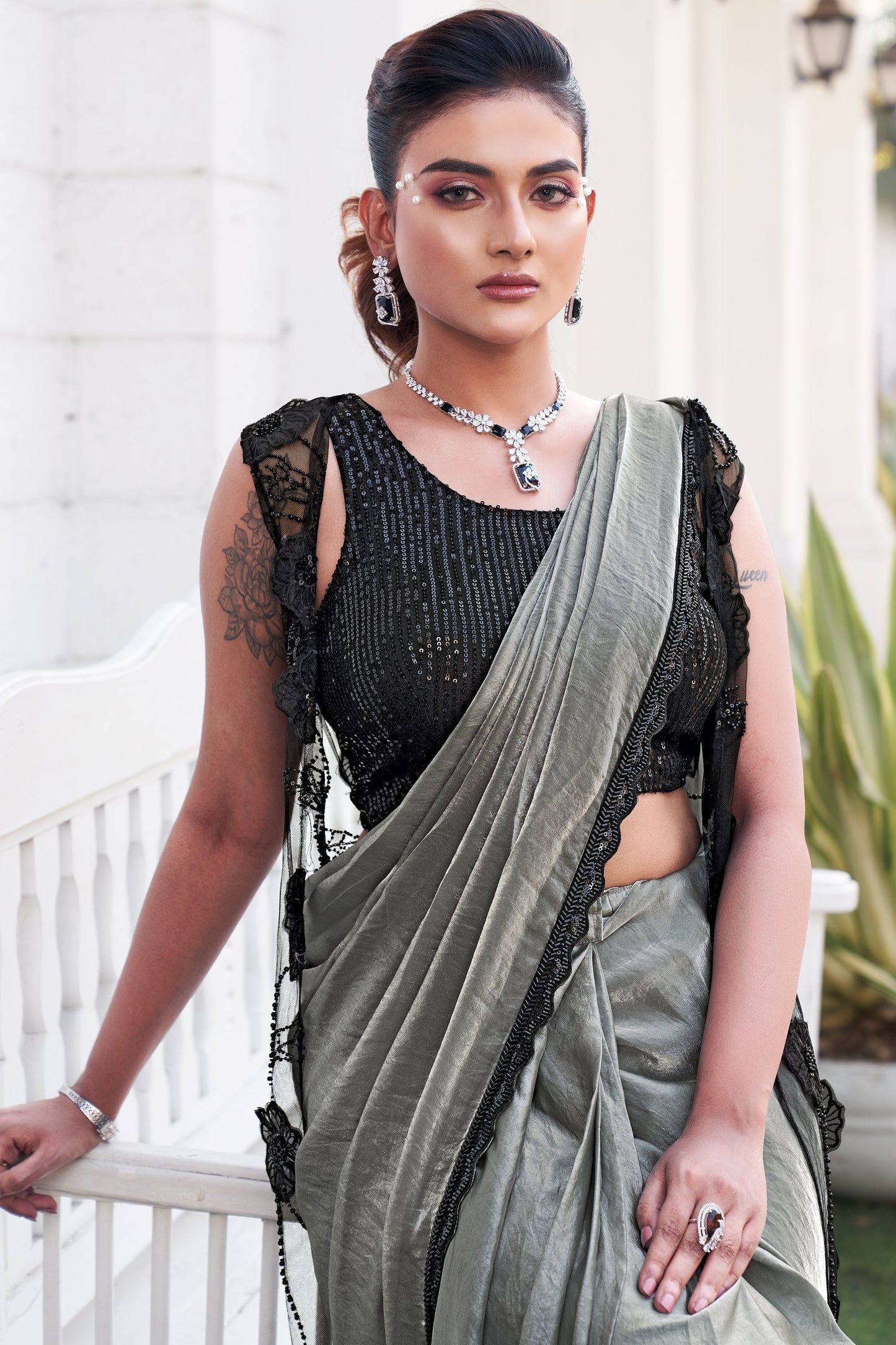 Grey Satin Silk Readymade Saree with Stitched Blouse-ZB133988_2_SareeButa.com