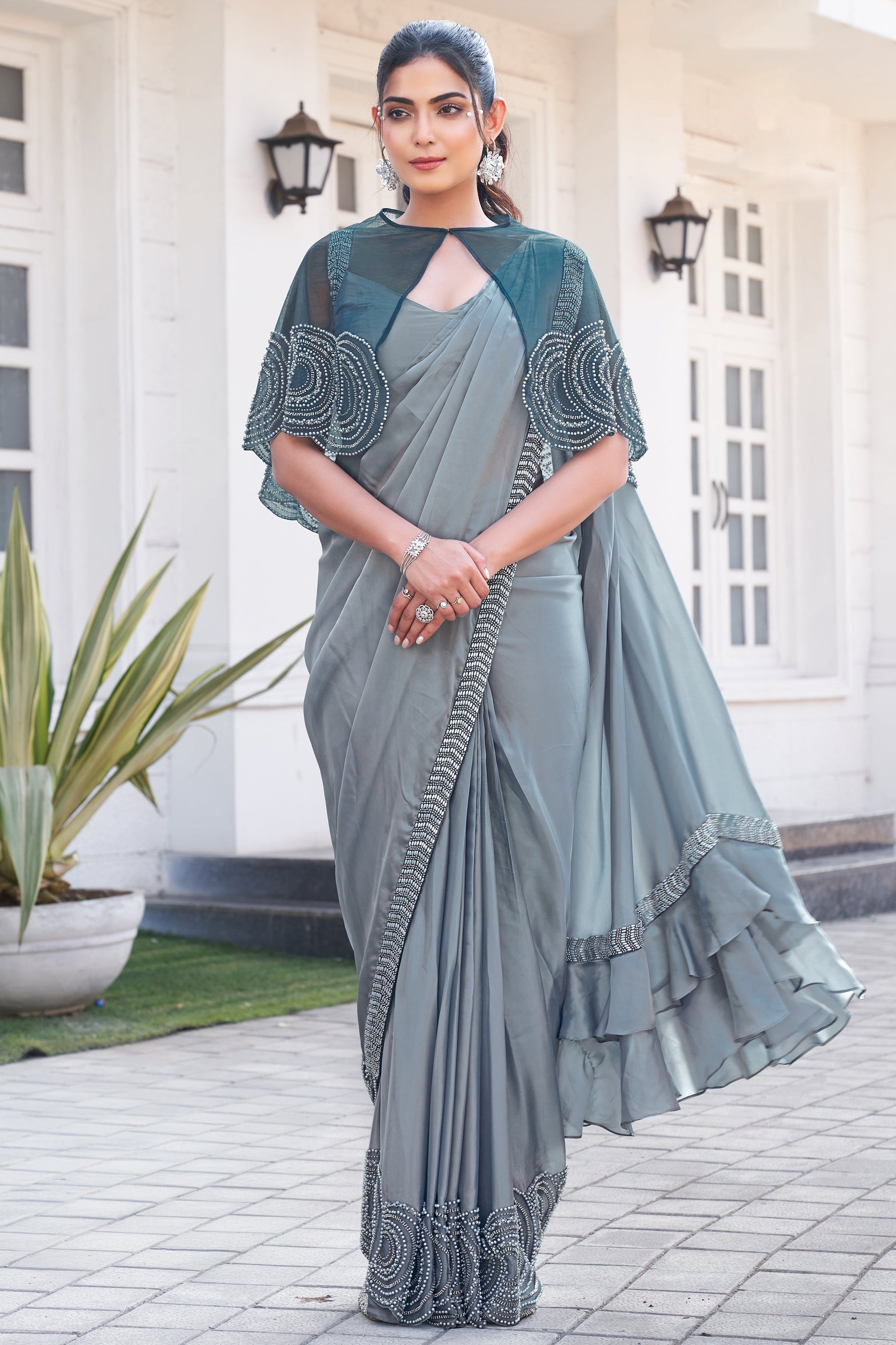Grey Satin Silk Readymade Saree with Stitched Blouse-ZB133990_1_SareeButa.com