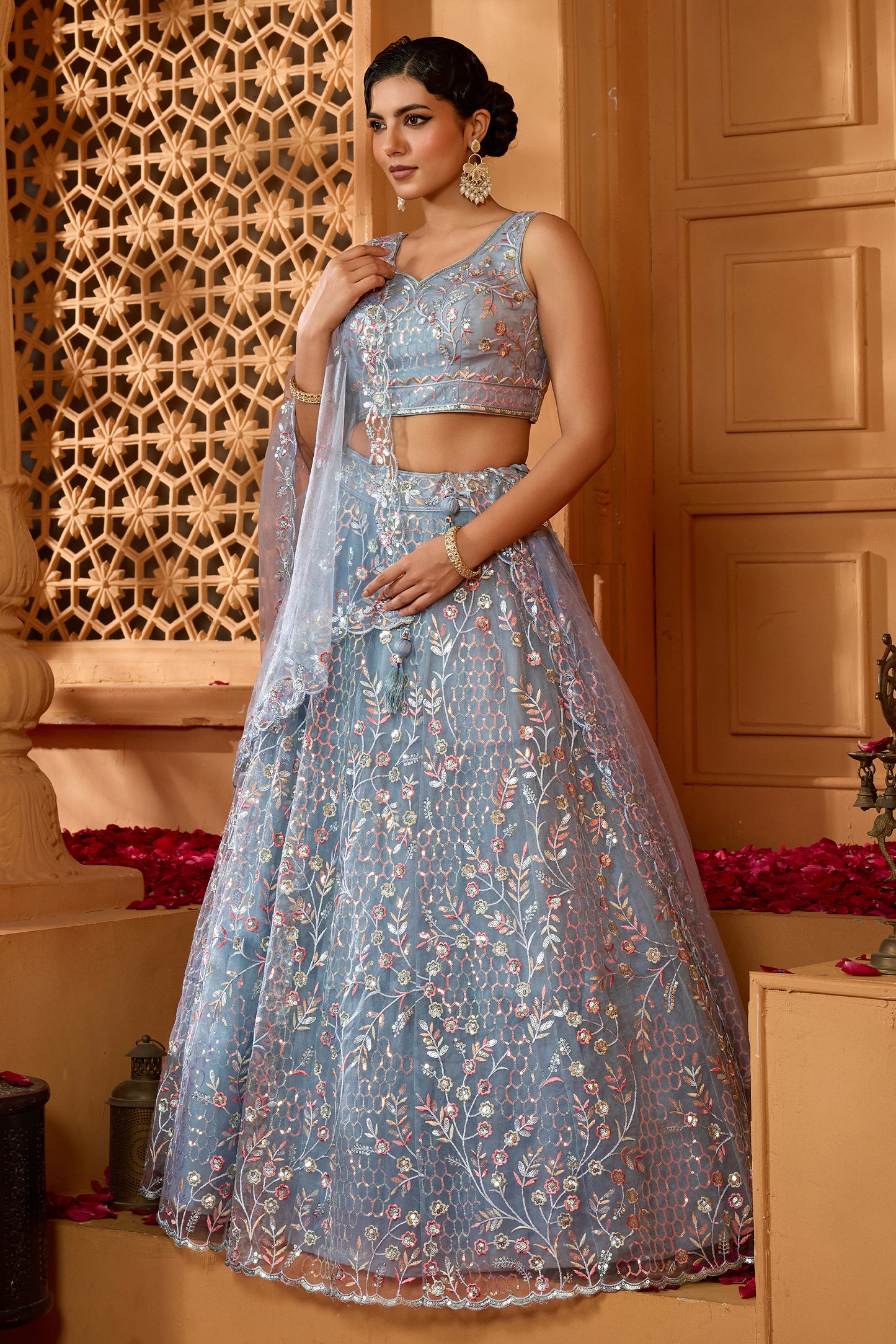 Grey Semi-Stitched Embroidered Net Lehenga