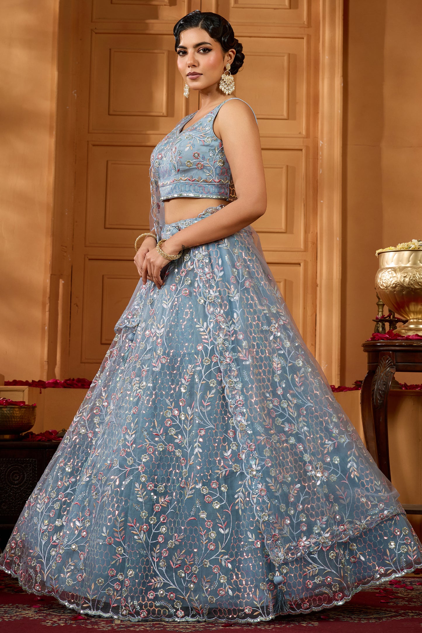 Grey Semi-Stitched Embroidered Net Lehenga