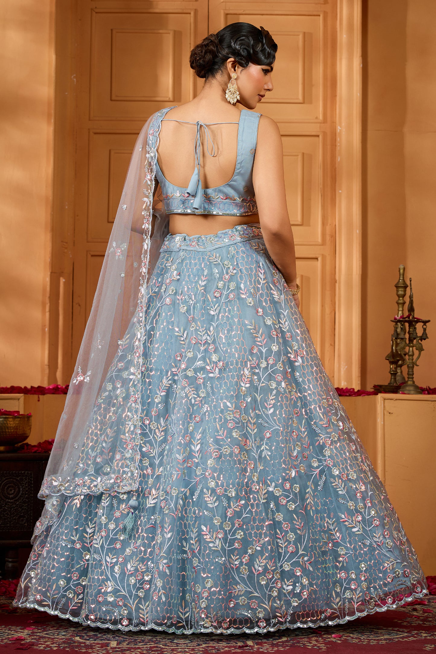 Grey Semi-Stitched Embroidered Net Lehenga