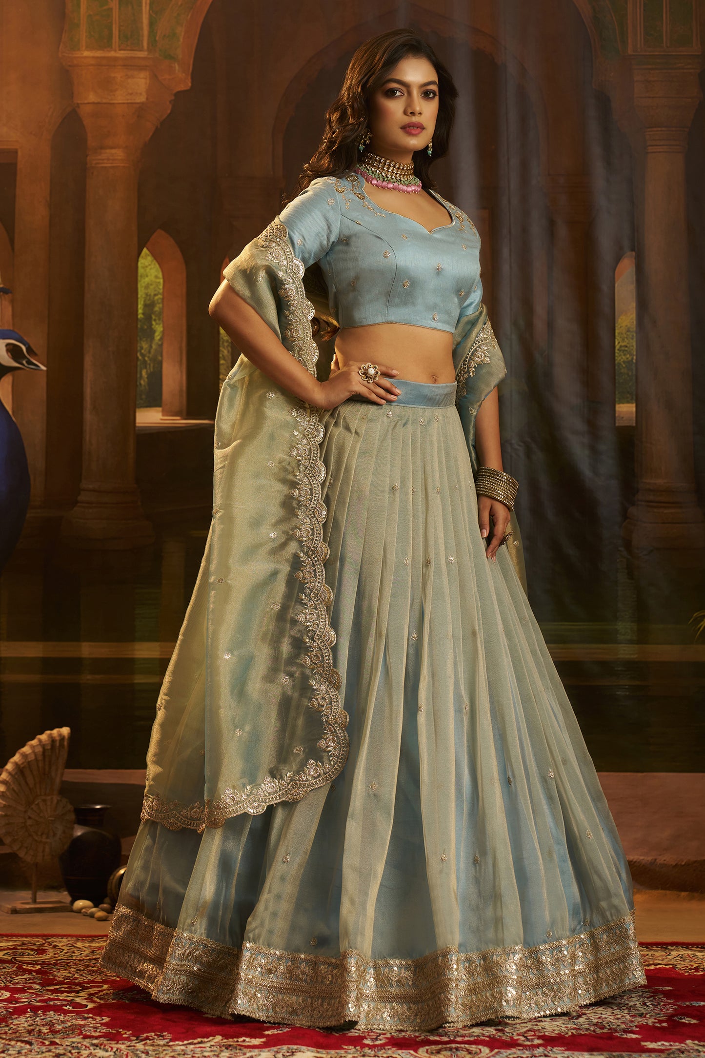 Grey Semi-Stitched Embroidered Organza Lehenga