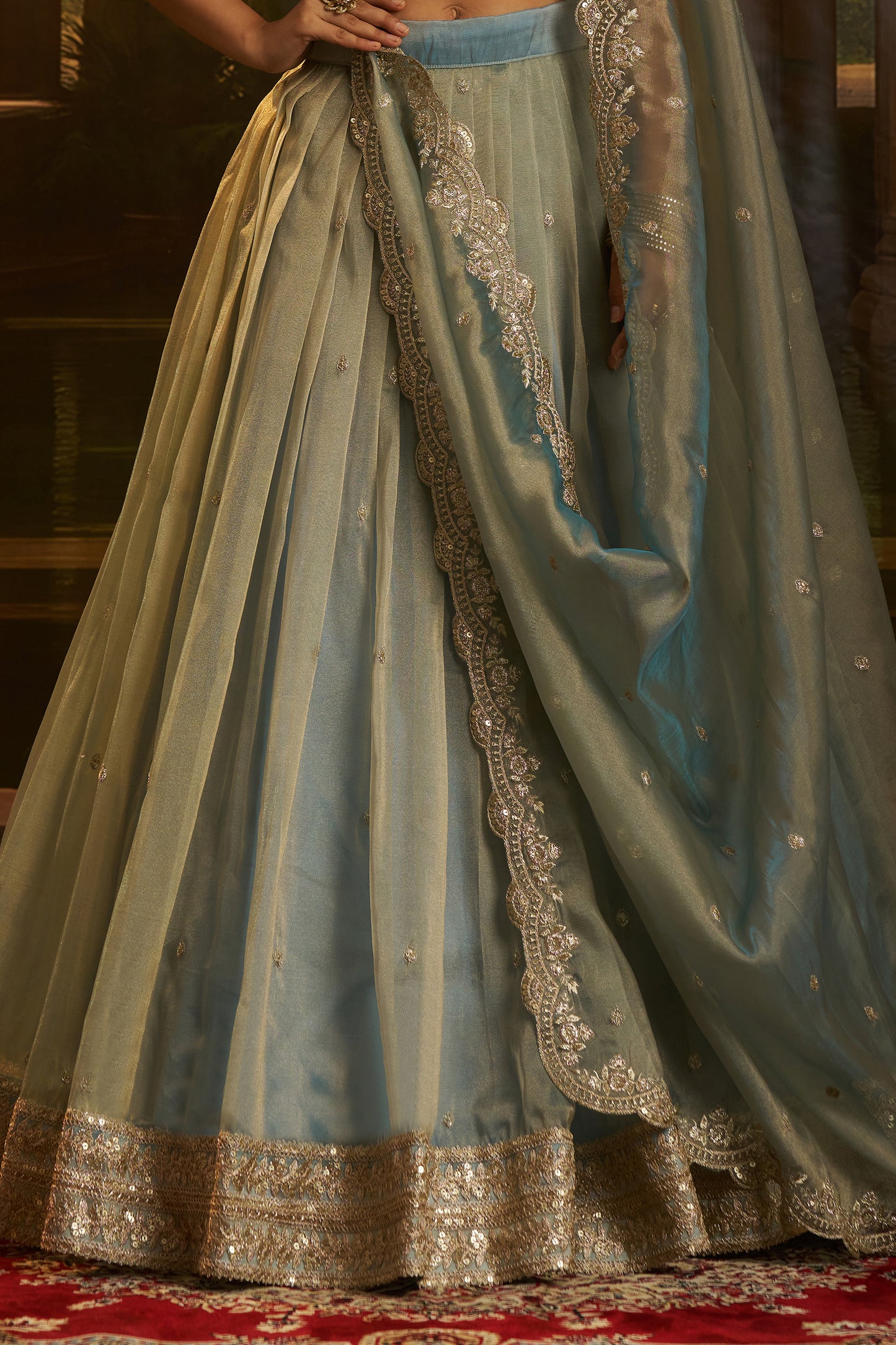 Grey Semi-Stitched Embroidered Organza Lehenga