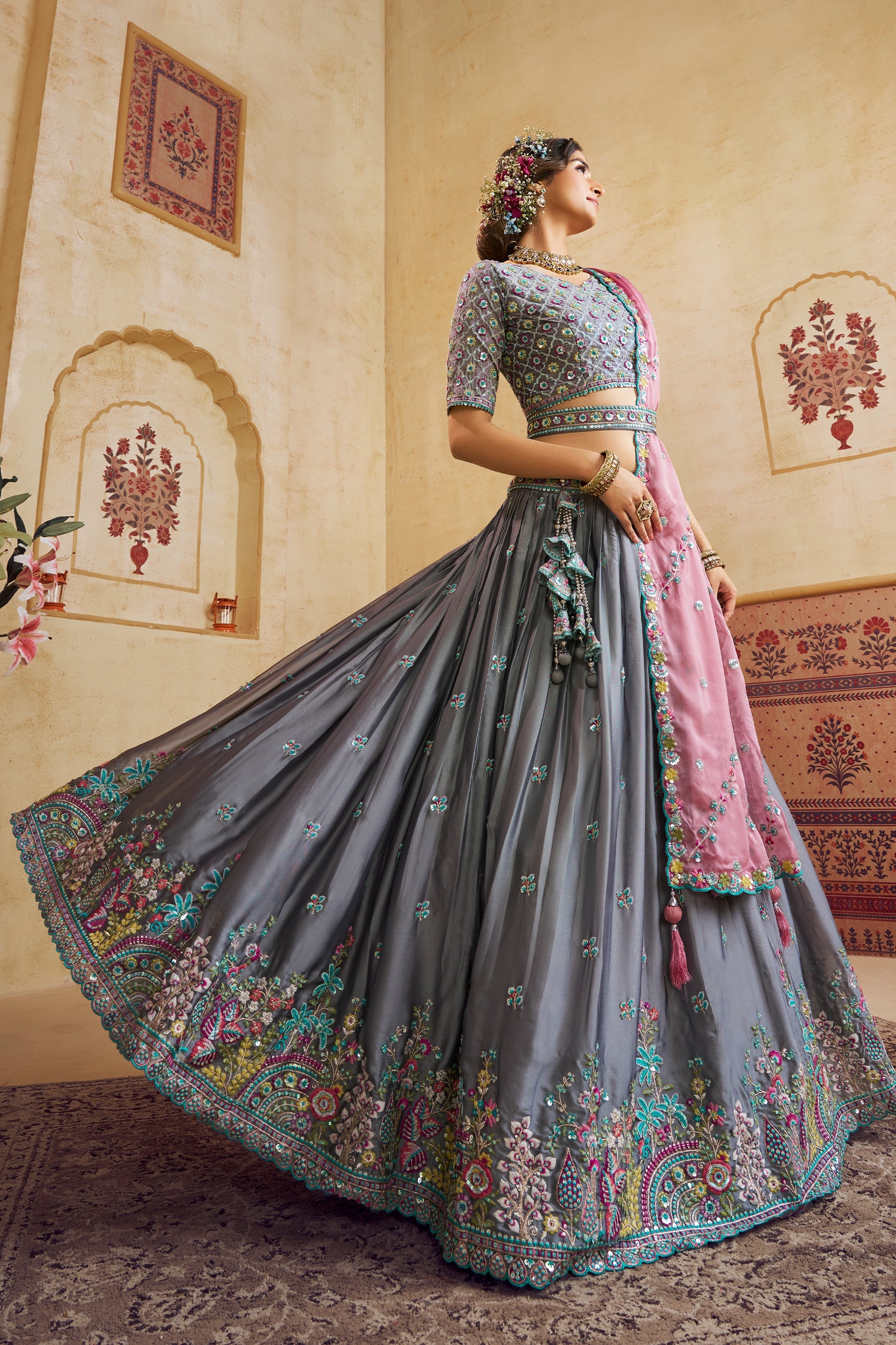 Grey Readymade Embroidered Silk Lehenga-SAR10043_1_SareeButa.com