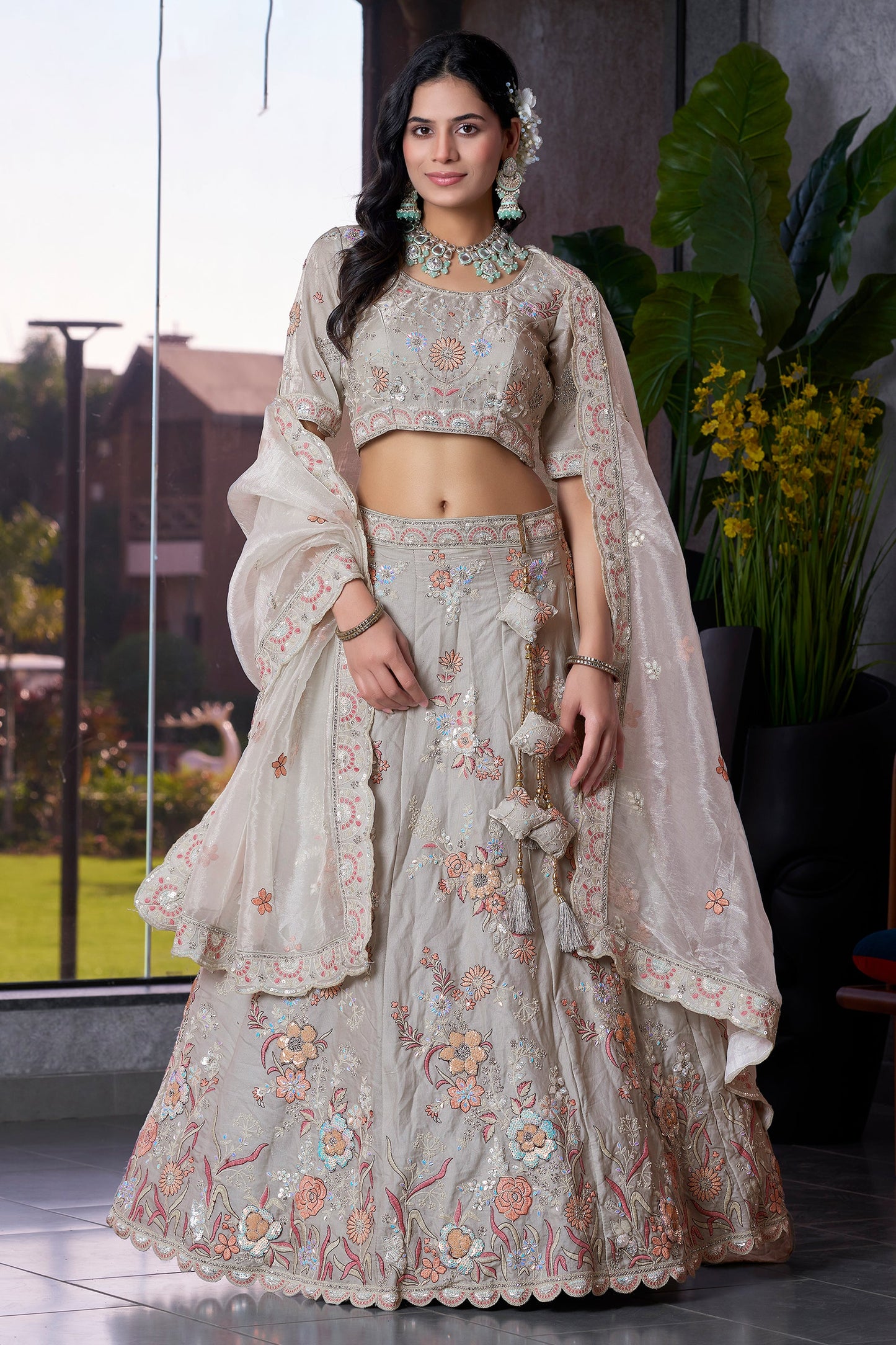 Grey Semi-Stitched Embroidered Silk Lehenga-SAR10721_1_SareeButa.com