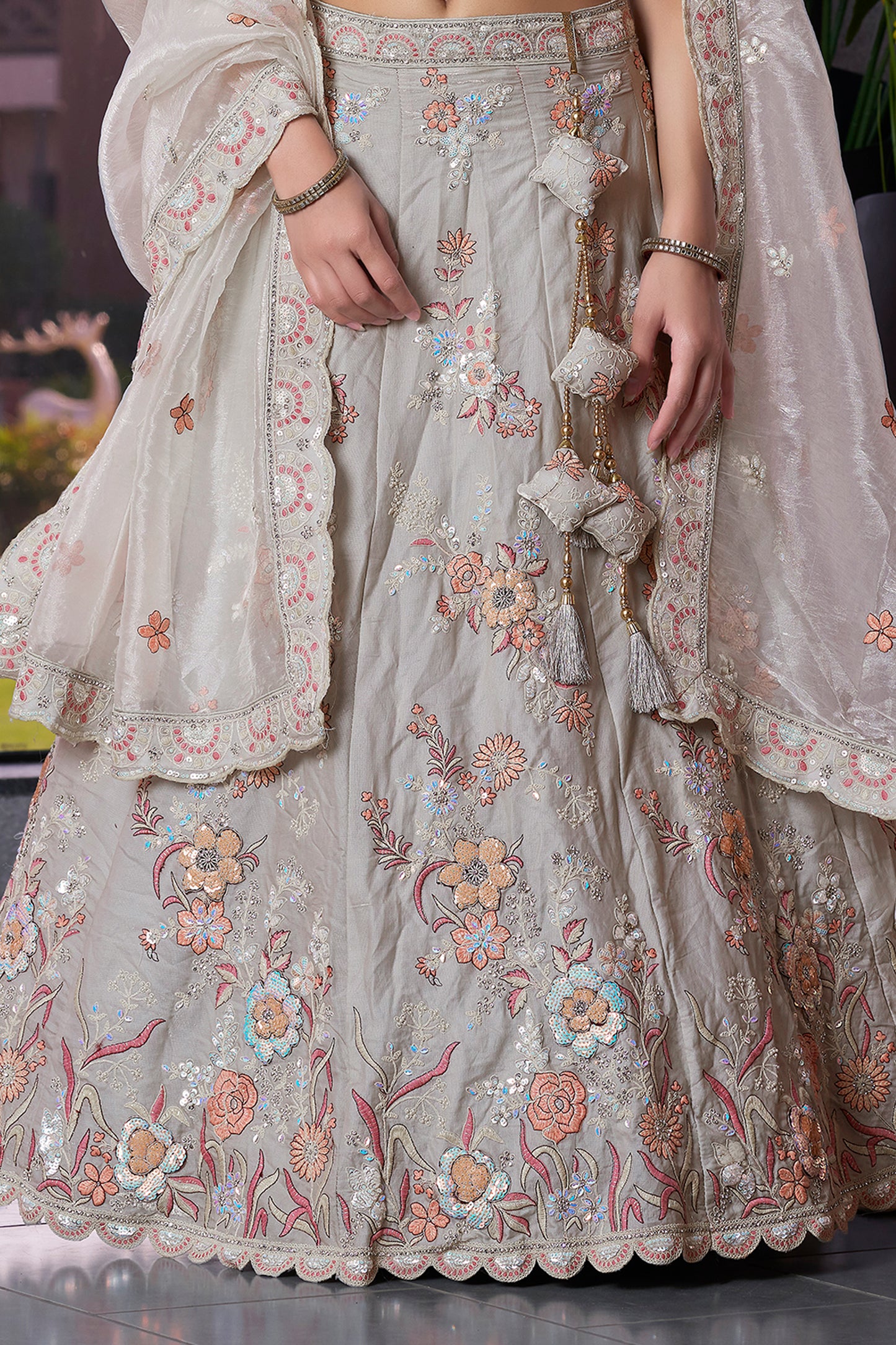 Grey Semi-Stitched Embroidered Silk Lehenga