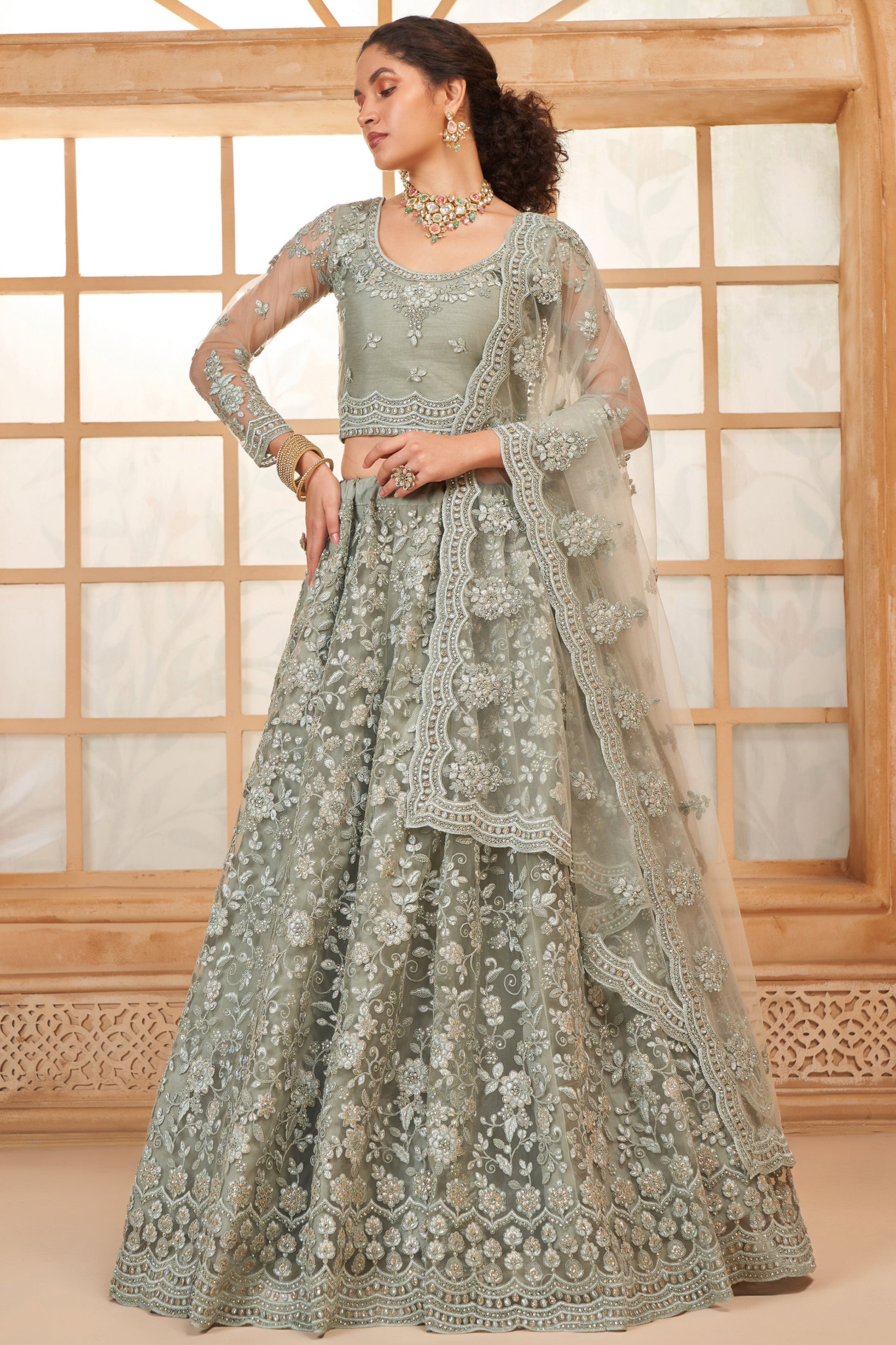 Grey Semi Stitched Embroidered Net Lehenga-LC44_1_SareeButa.com